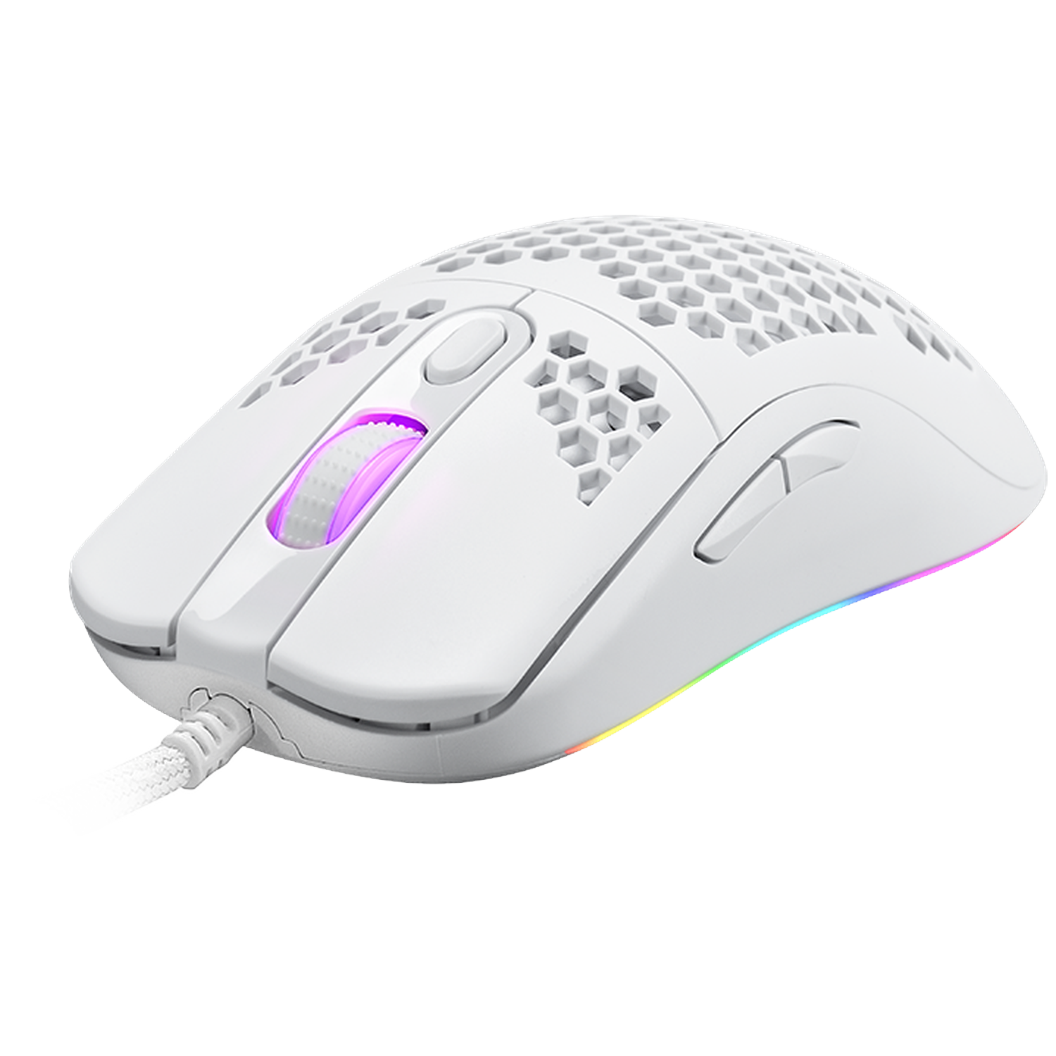 Een witte gamingmuis met een honingraatontwerp aan de bovenkant. Het scrollwiel gloeit paars. Een regenbooglichtstrip aan de onderkant.