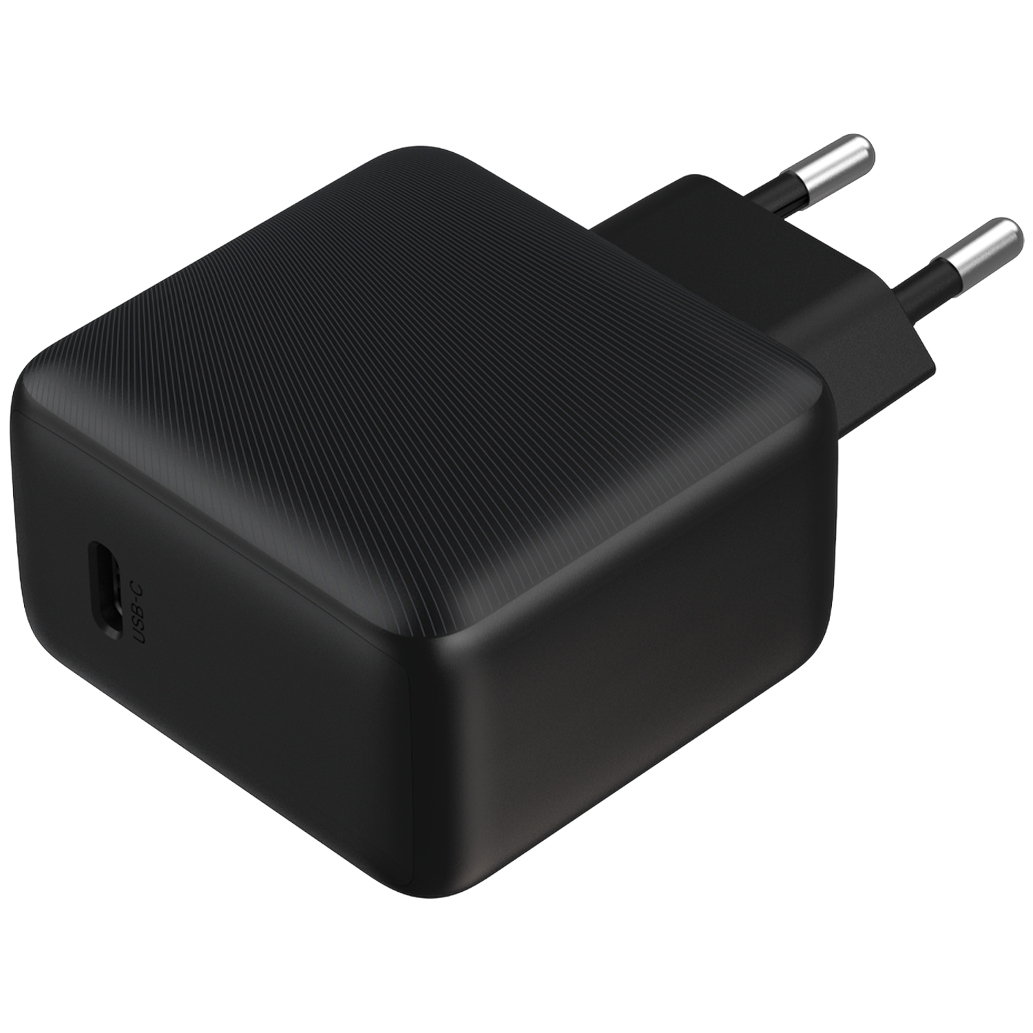 A black USB-C charger with two silver prongs. The charger has a textured surface and is on a white background.