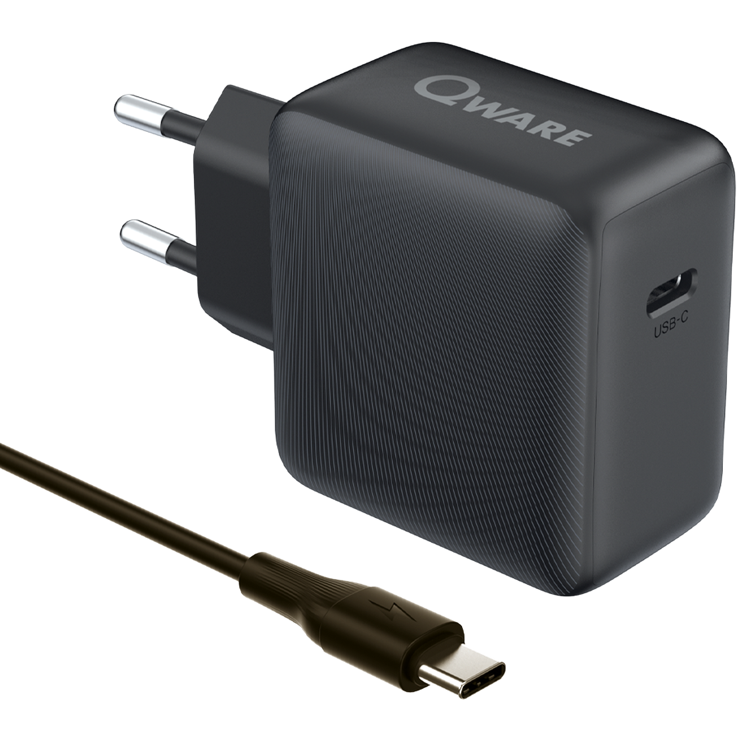 Black Qware USB-C charger. It has a plug and a USB-C cable. The charger is on a white background.