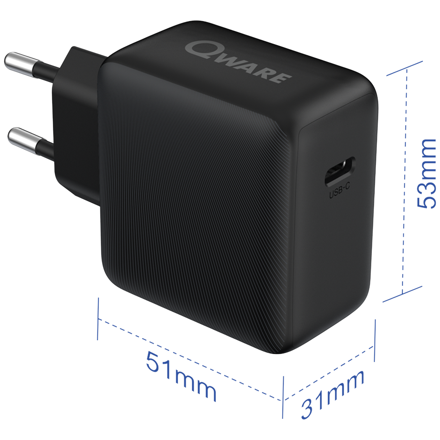 Black Qware USB-C charger. Dimensions: 51mm x 31mm x 53mm. Has silver prongs. USB-C port visible. White background.