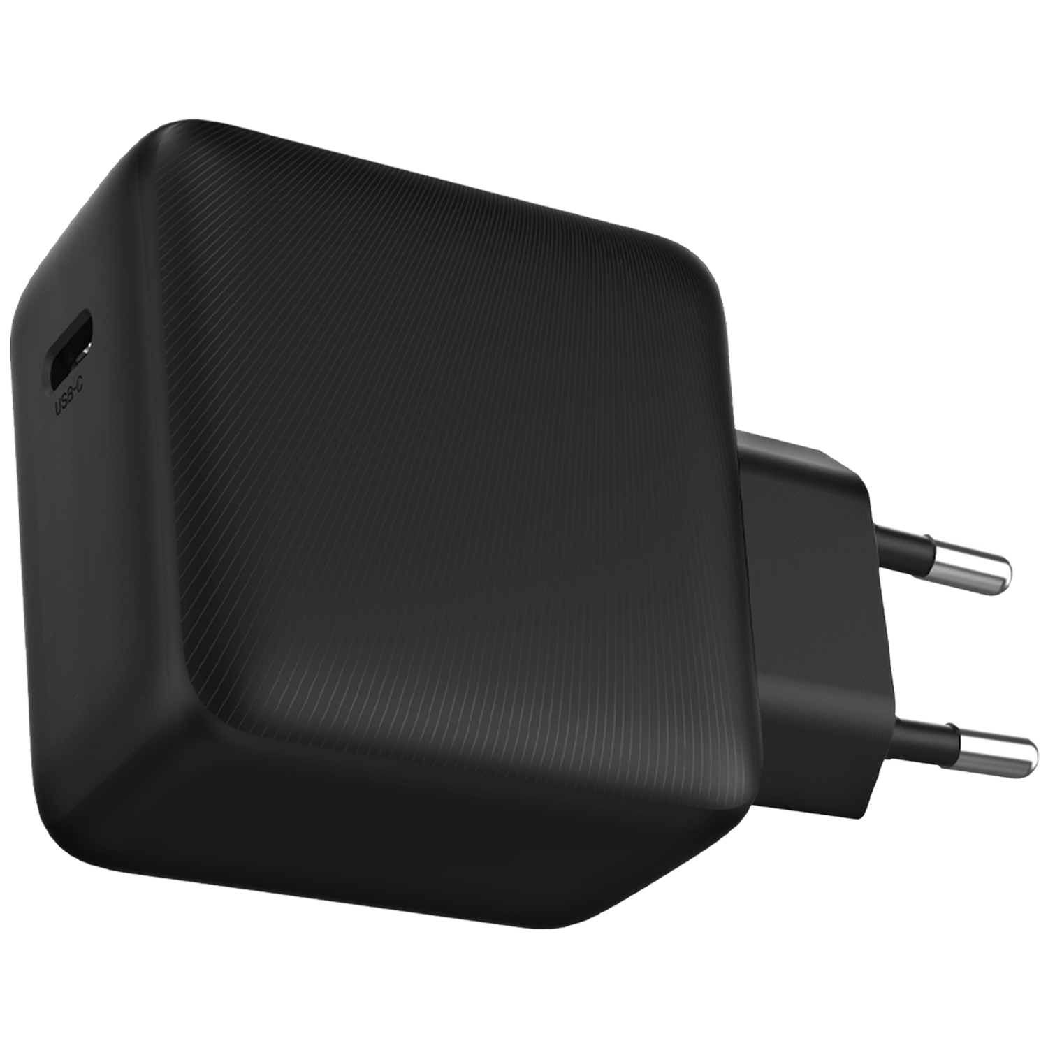 A black USB-C charger, with a textured surface, and a two-prong plug. The background is white.