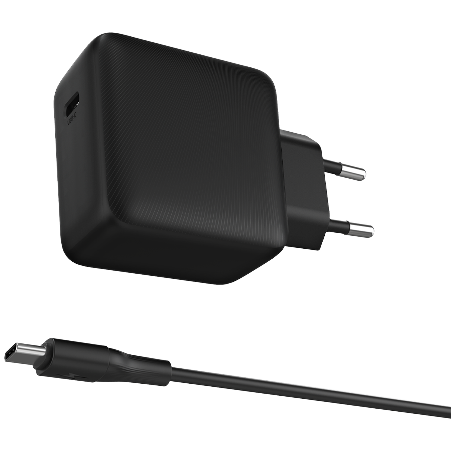 A black phone charger with a USB-C port and a cable. The charger has an EU plug. Isolated on white background.
