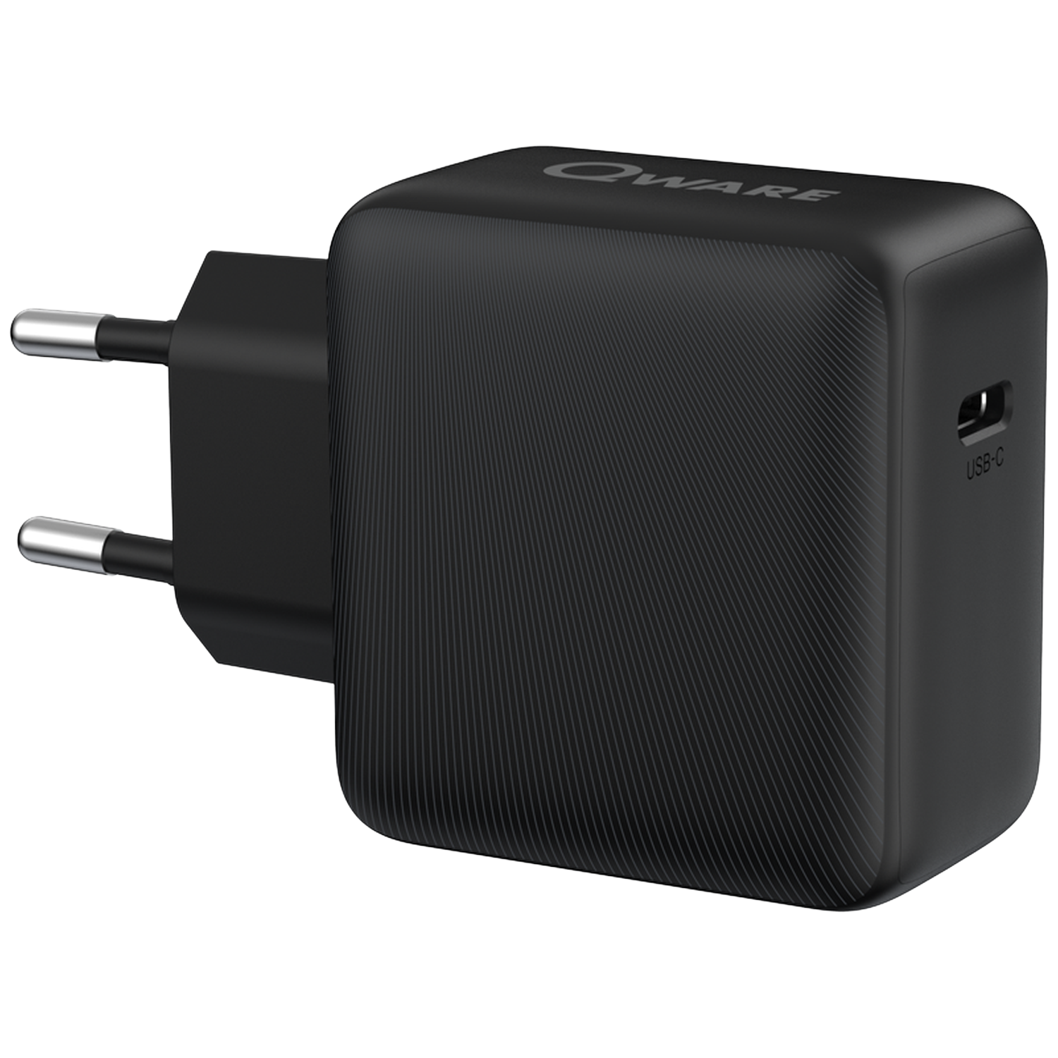 Black QWare USB-C charger with a European plug. The charger has a textured surface and the USB-C port is visible.