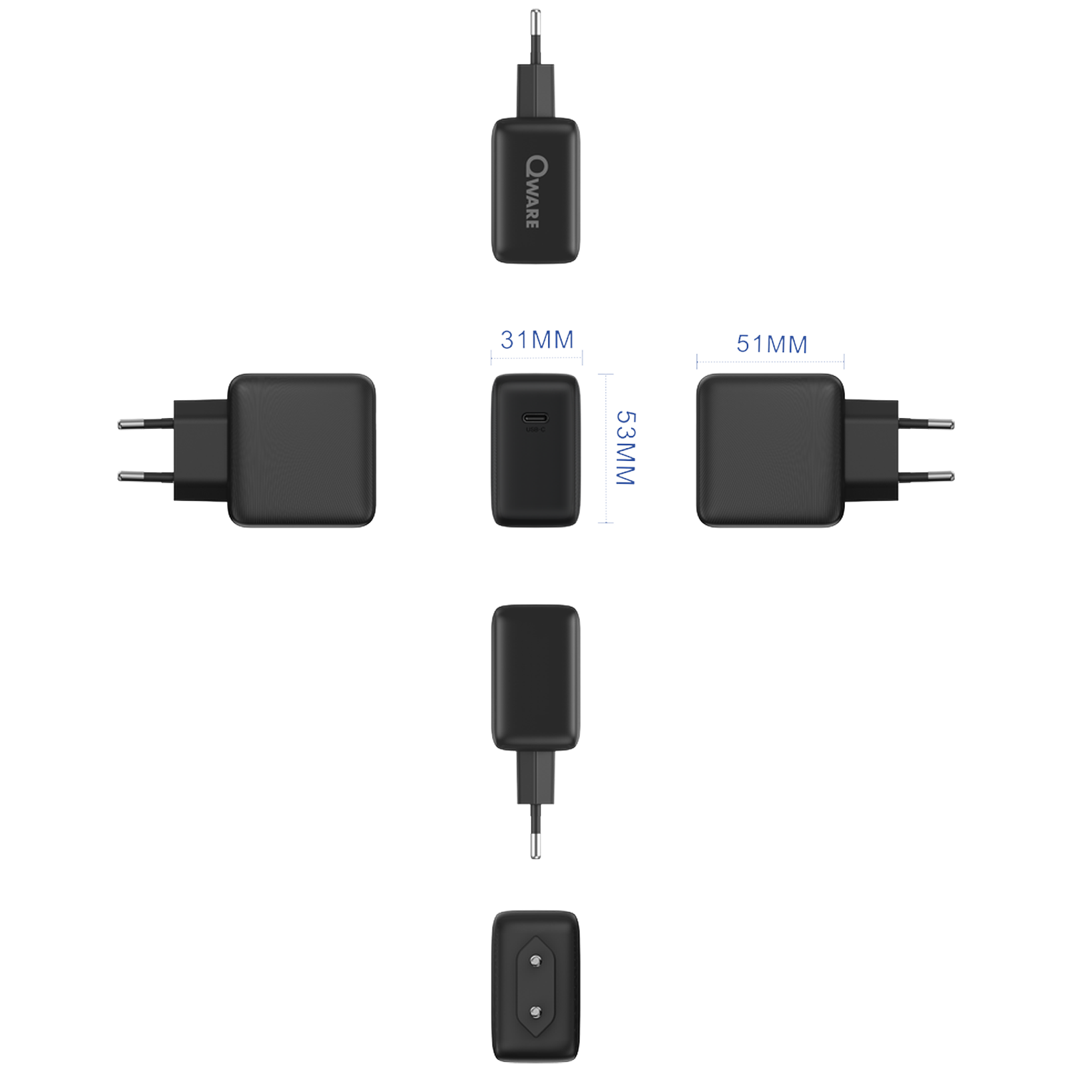 Image shows a black Qware USB-C charger in multiple views. Dimensions are labeled: 31mm, 51mm, and 53mm. 