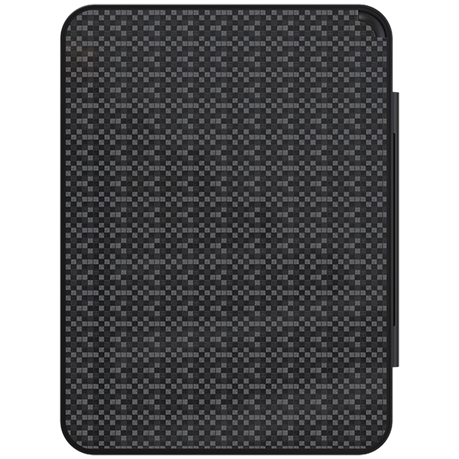 A rectangular, dark gray case with a textured, checkered pattern. The case has rounded corners and a black border along the side.