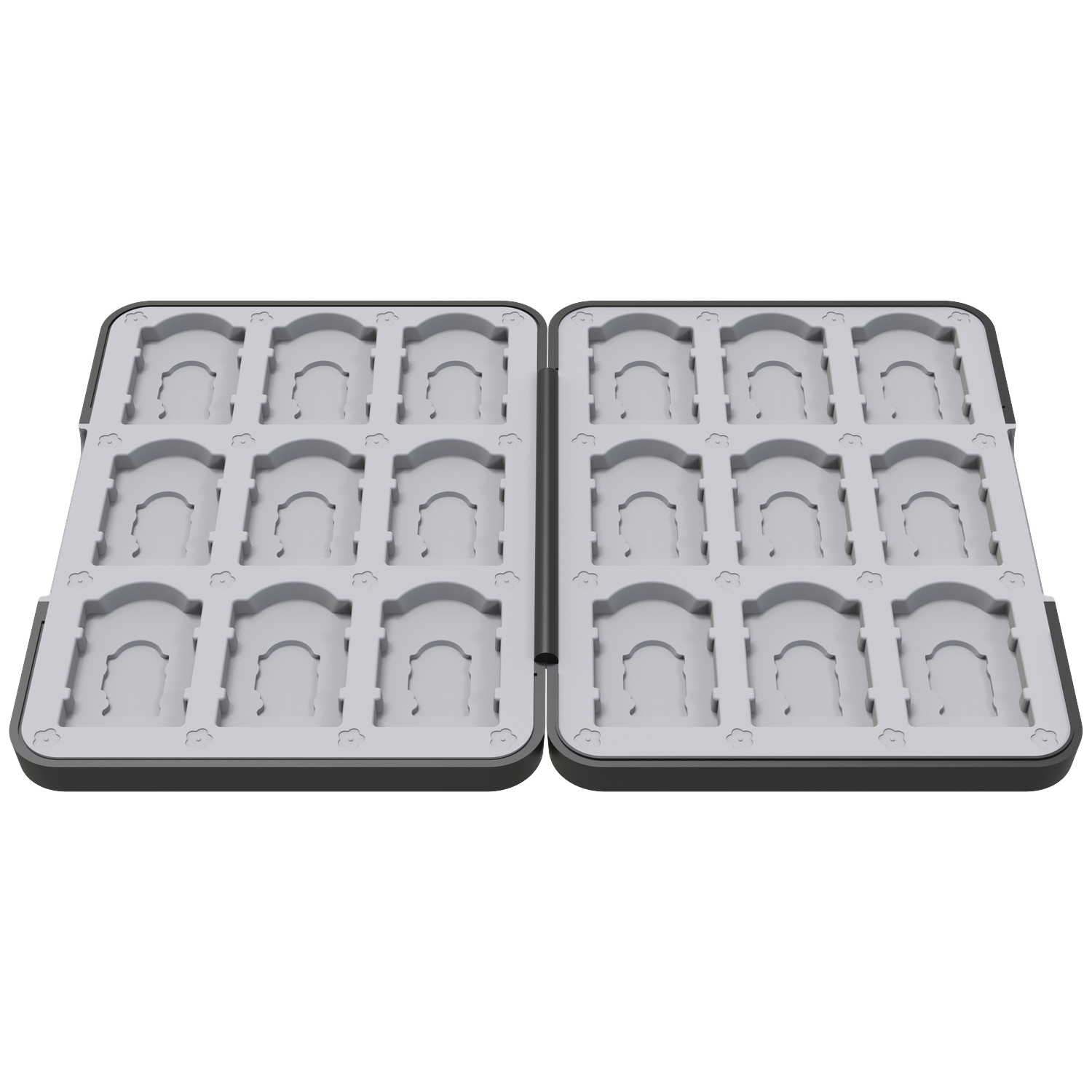 Open, gray plastic tray with multiple compartments. Each compartment has an arched top and small indentations.