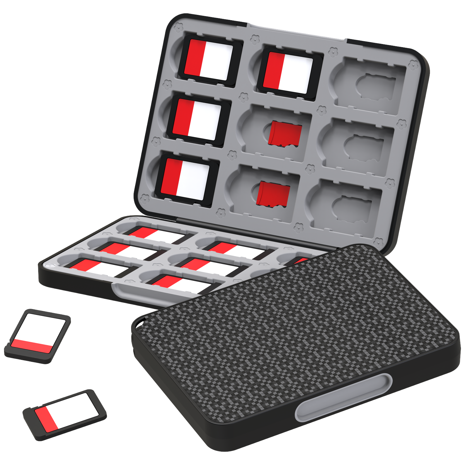Open SD card case with cards inside. Case is black, cards are white and red. Two cards are outside the case.