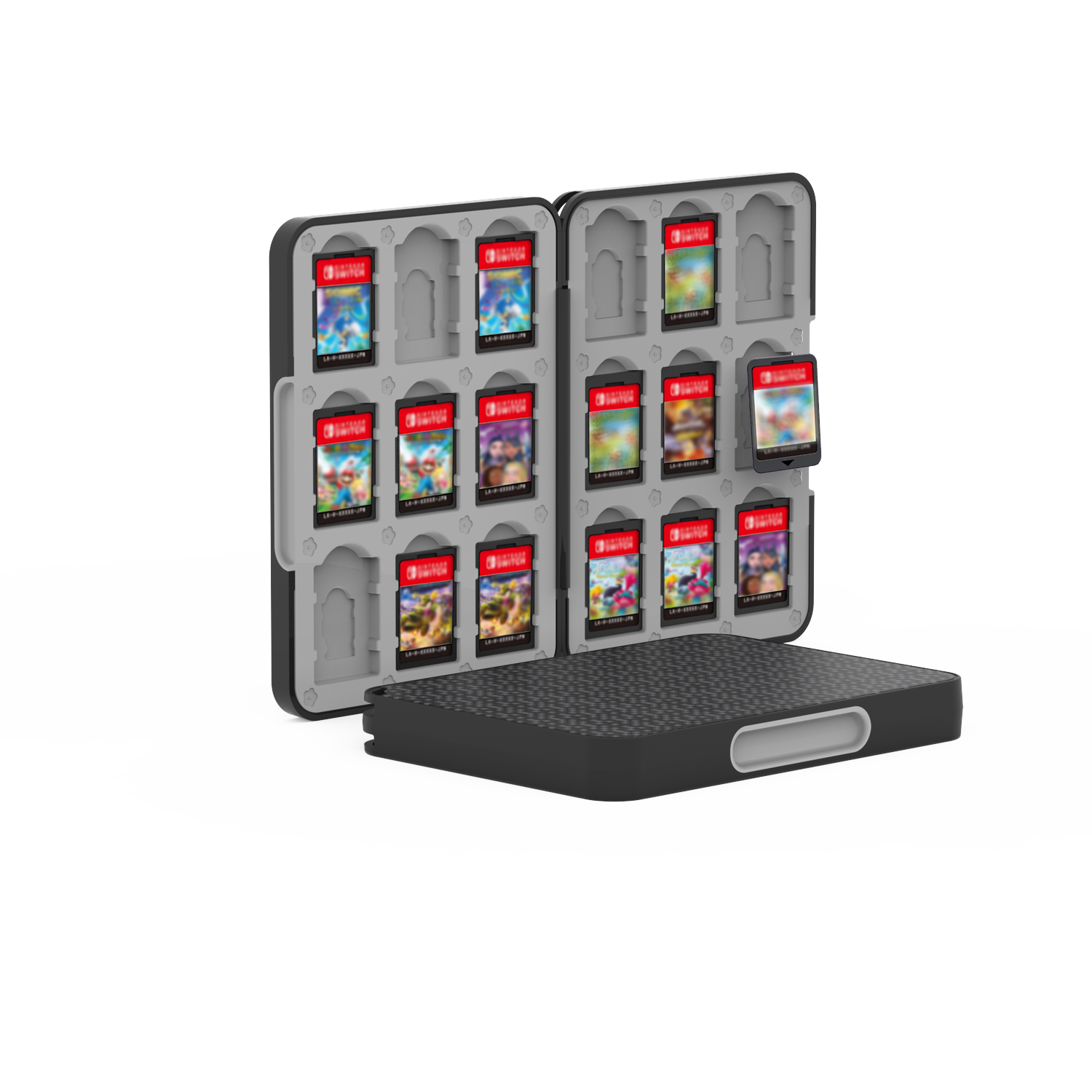 Open Switch game cartridge case with several game cartridges. The case is open and black with grey inserts. White background.