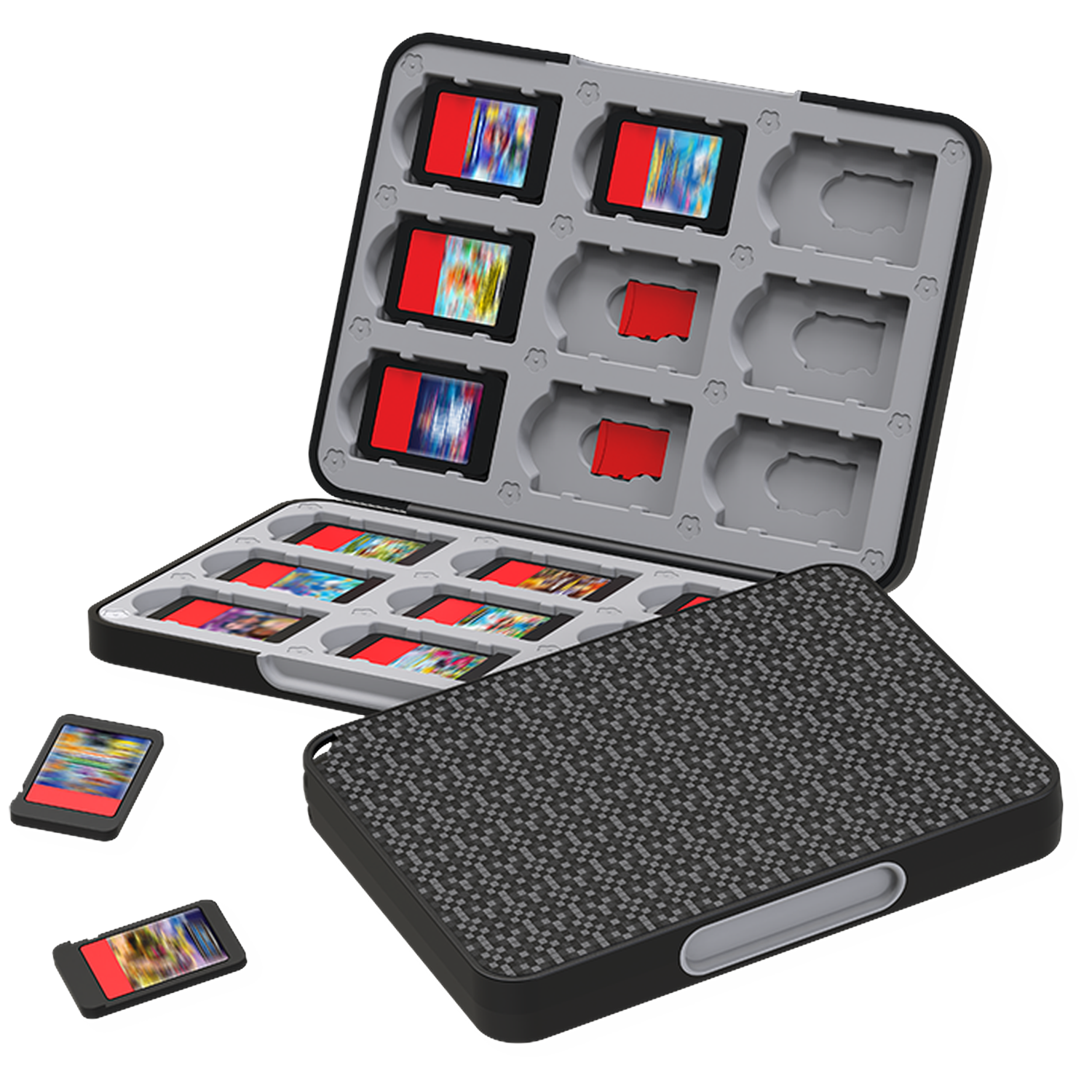 Open black case with gray interior holding game cartridges. Closed case with patterned lid at the right. Two loose cartridges.