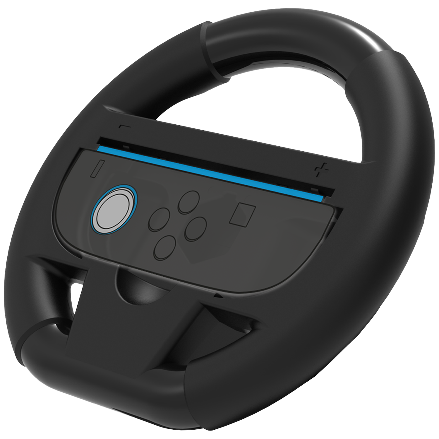 Black steering wheel with buttons and blue stripe. It has a circular shape with a handle on top.