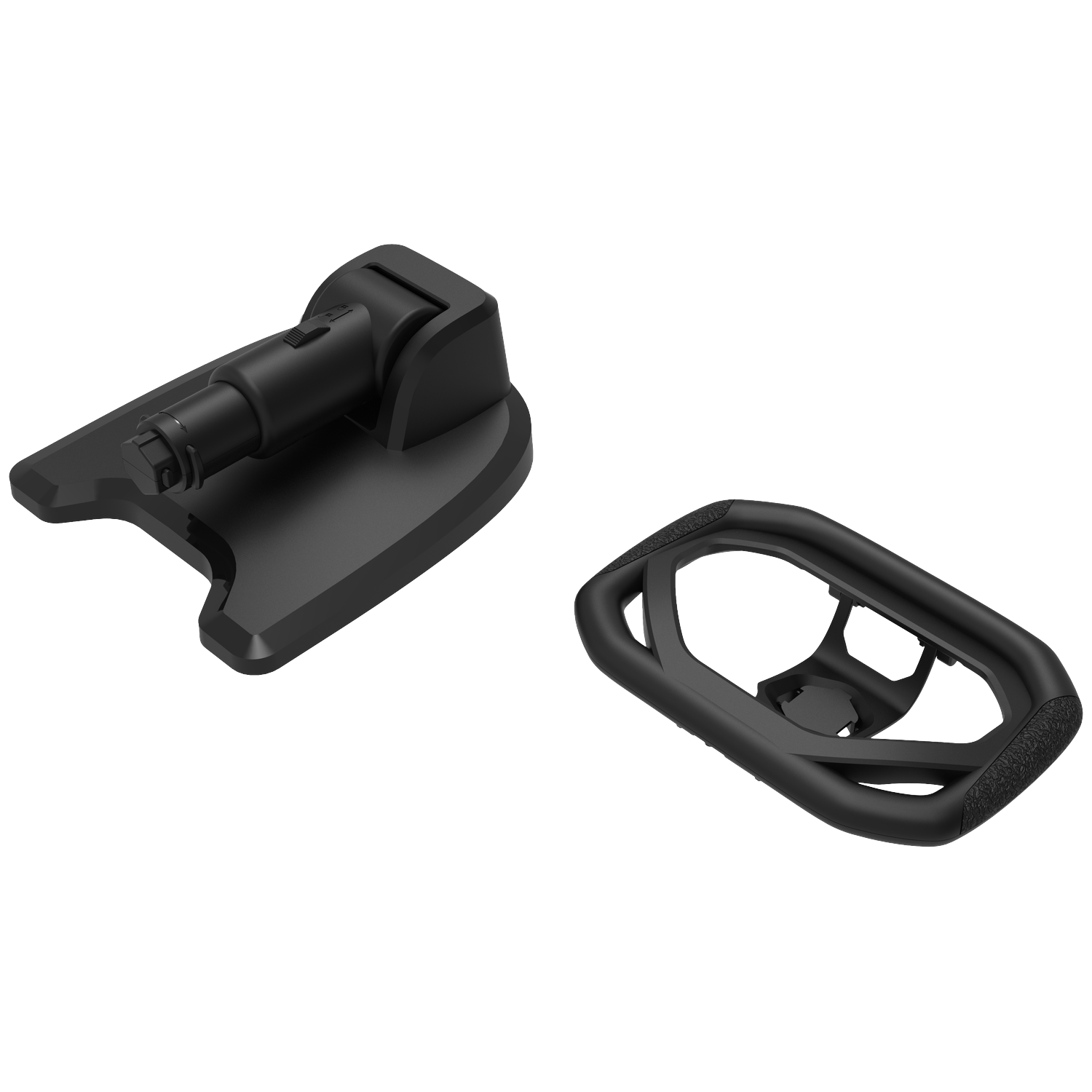 Two black plastic parts on white background: a base with a cylindrical part and a frame with grip texture.