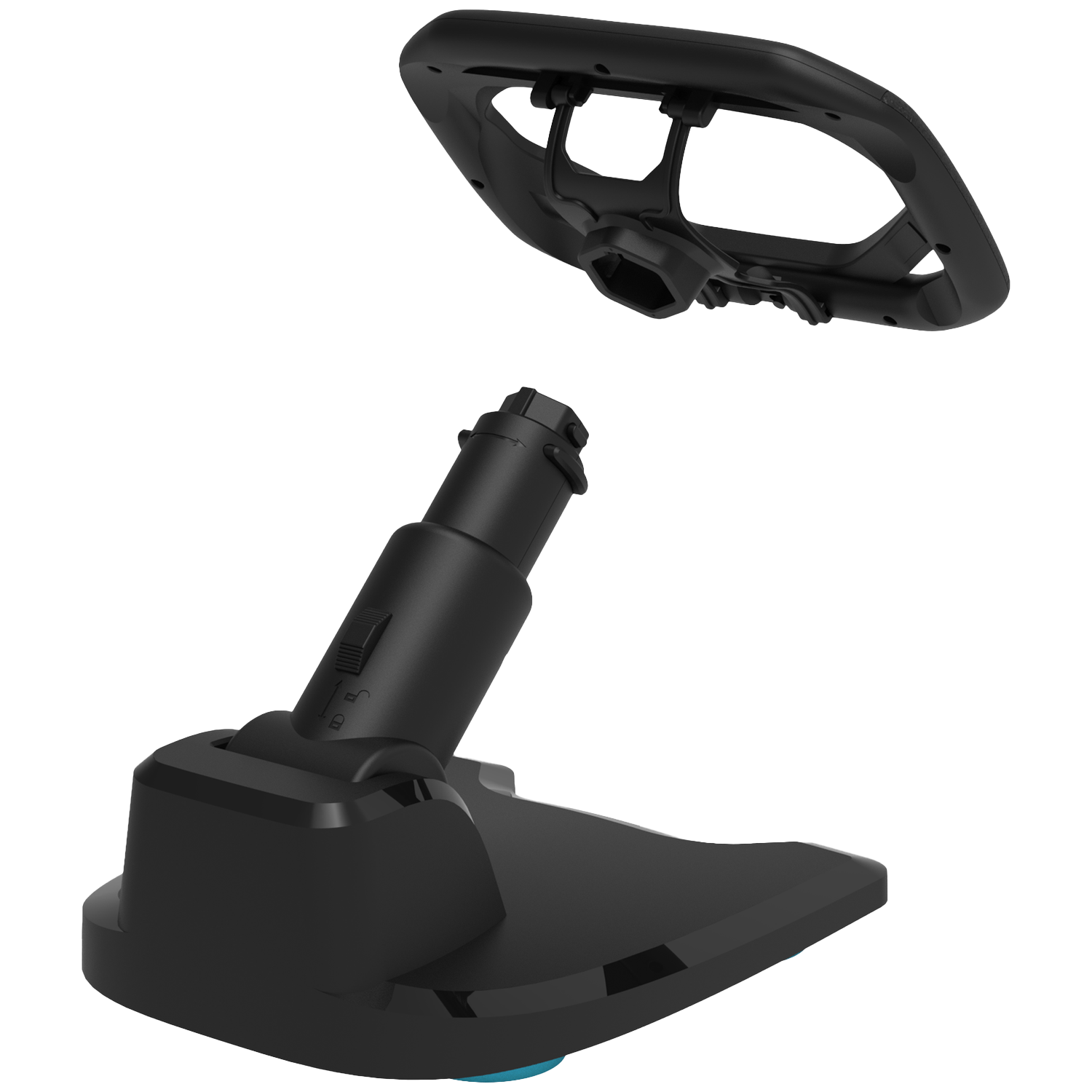 Black steering wheel and connected base on white background. The wheel is above the base, with a connecting rod.