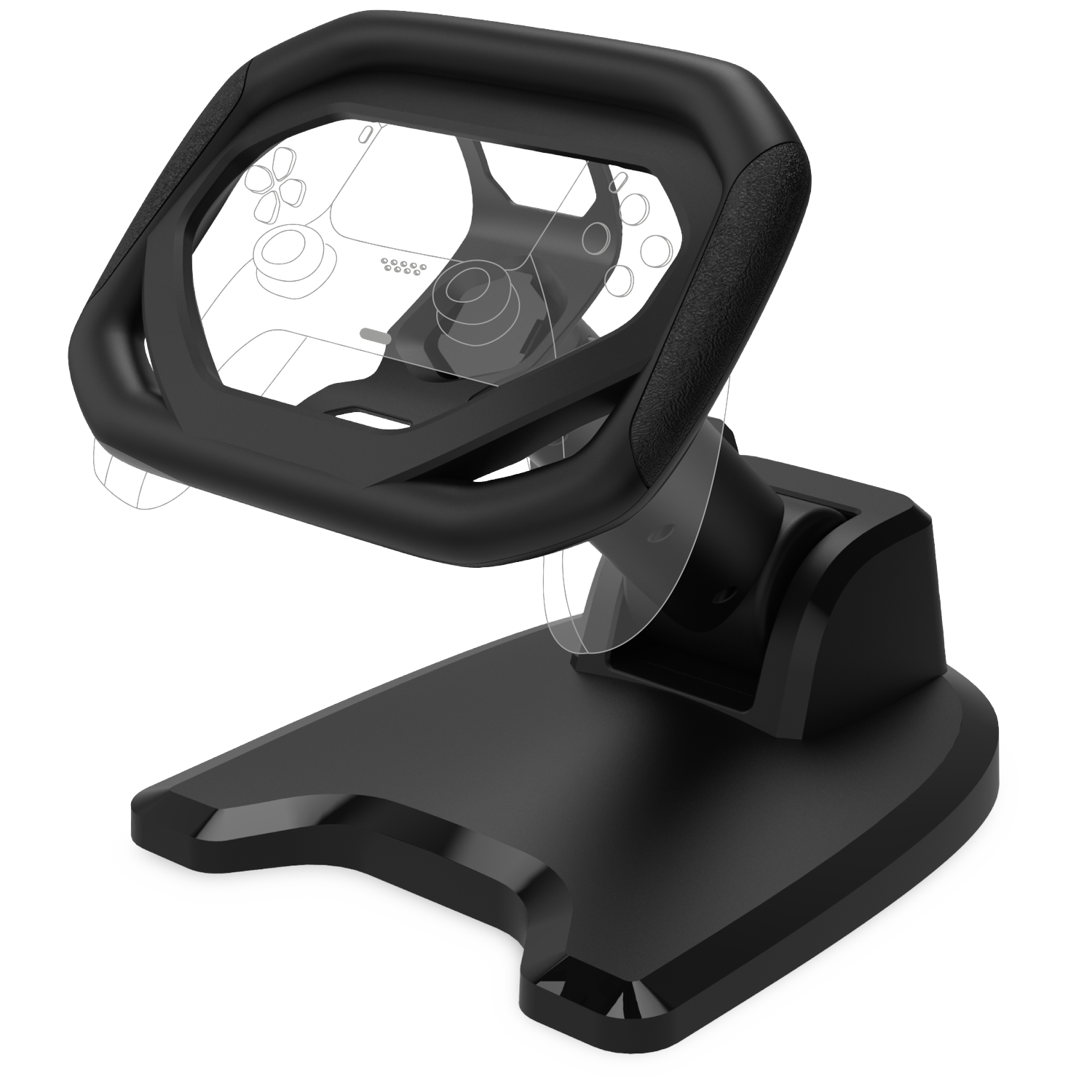 Black gaming controller stand. It has a base, a vertical support, and a handle to hold the controller. The design is modern.