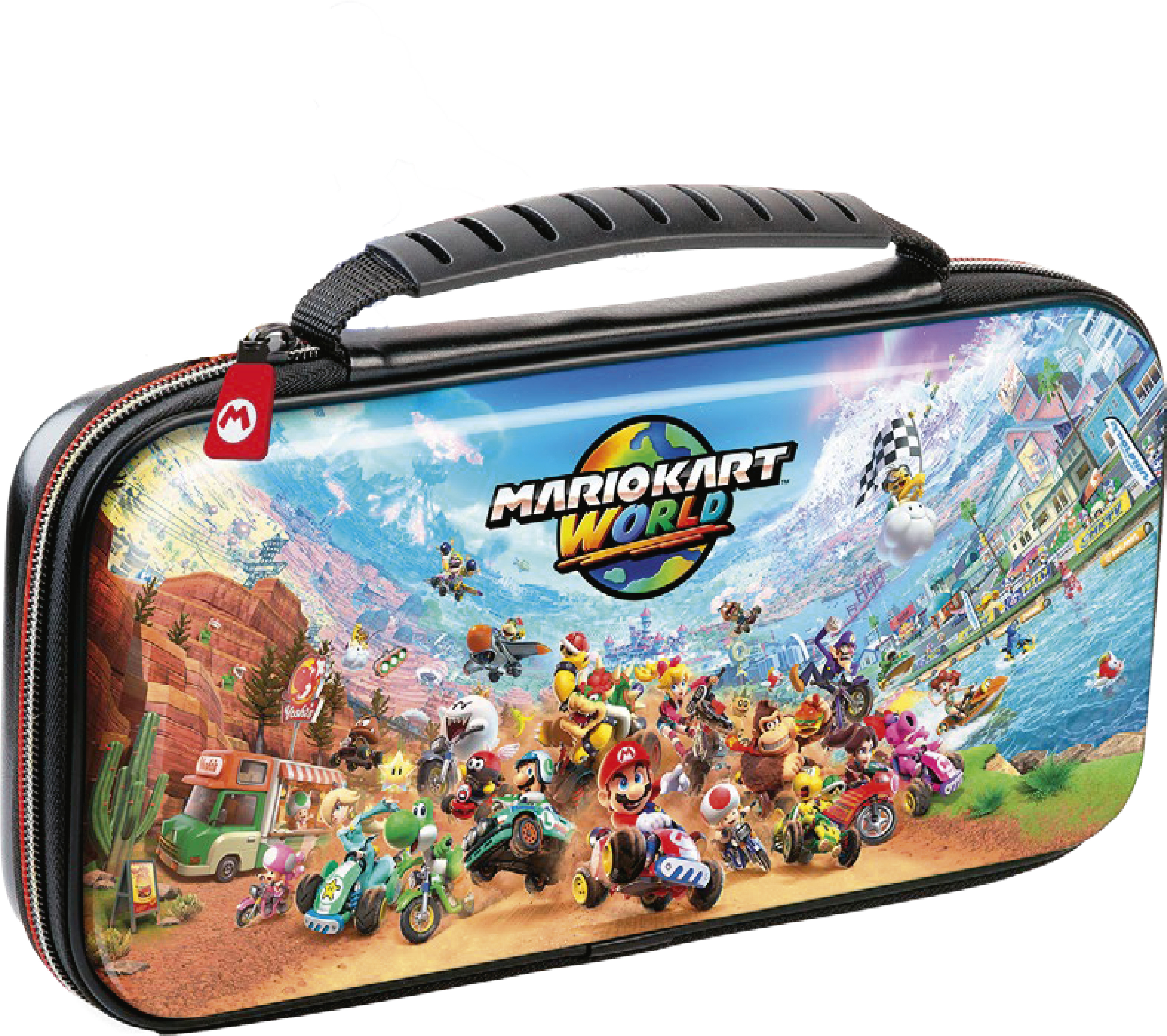 Etui mit Mario Kart World-Grafik. Zeigt Charaktere, die auf Strecken fahren, eine Zielflagge und einen Reißverschluss mit dem Mario-Logo.