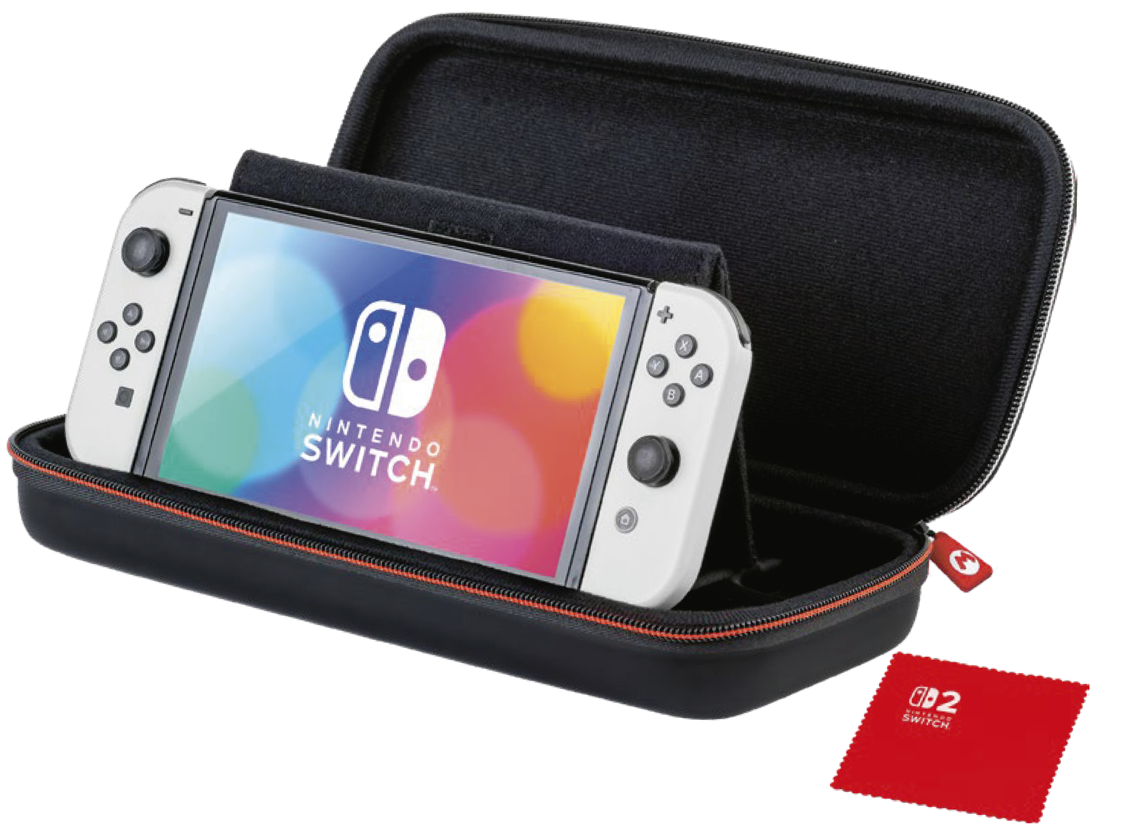 Nintendo Switch in einem Koffer. Weiße Konsole in einem schwarzen Koffer mit roten Akzenten und einem roten Putztuch.