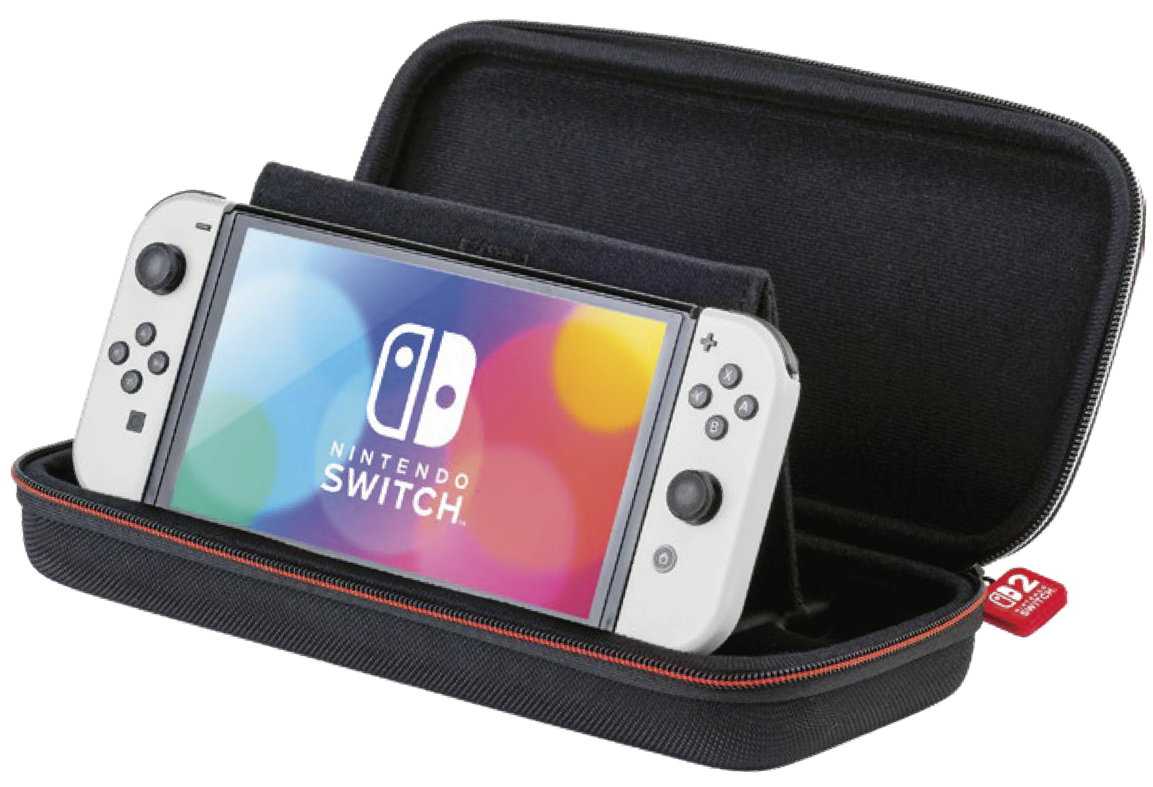 Eine weiße Nintendo Switch-Konsole befindet sich in einem schwarzen Koffer mit offenem Deckel. Der Bildschirm zeigt ein farbenfrohes Bild.
