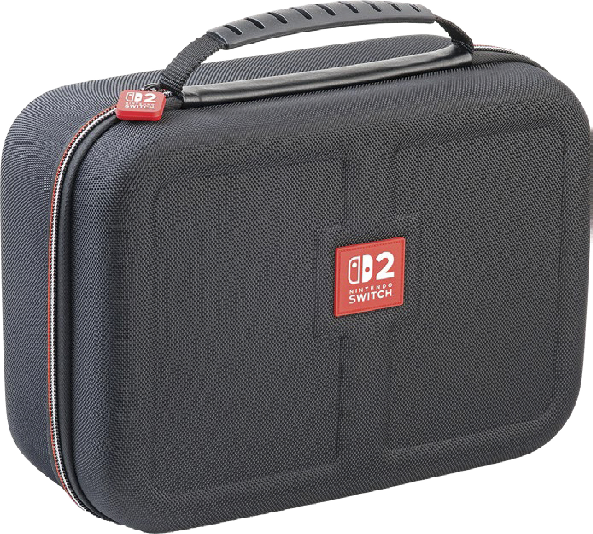 Eine schwarze Nintendo Switch-Tragetasche mit rotem Reißverschluss und Griff. Sie hat ein Nintendo Switch-Logo.