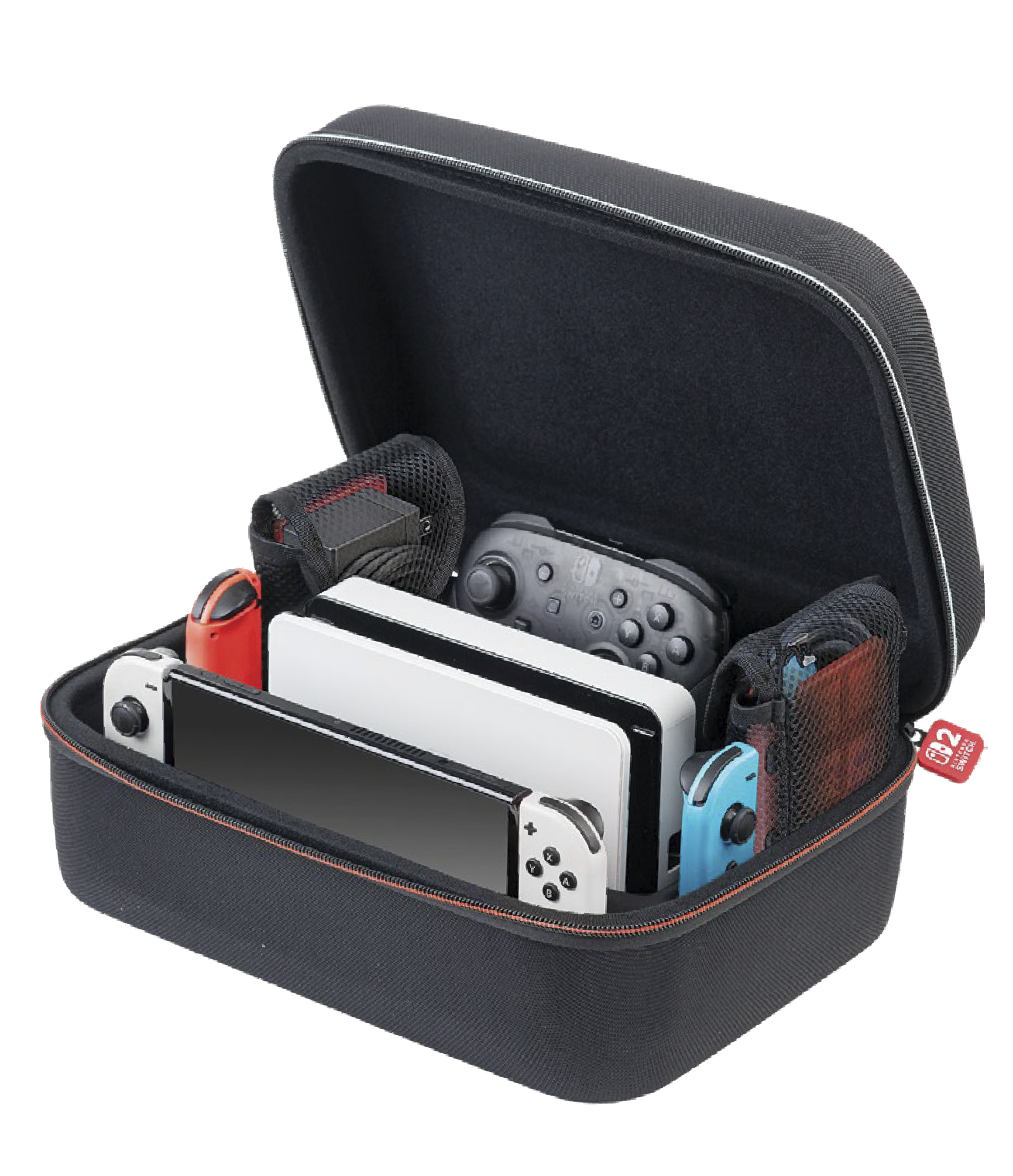 Offene schwarze Hülle mit Switch, Controllern und Zubehör. Hülle hat einen orangefarbenen Rand und einen Reißverschluss.