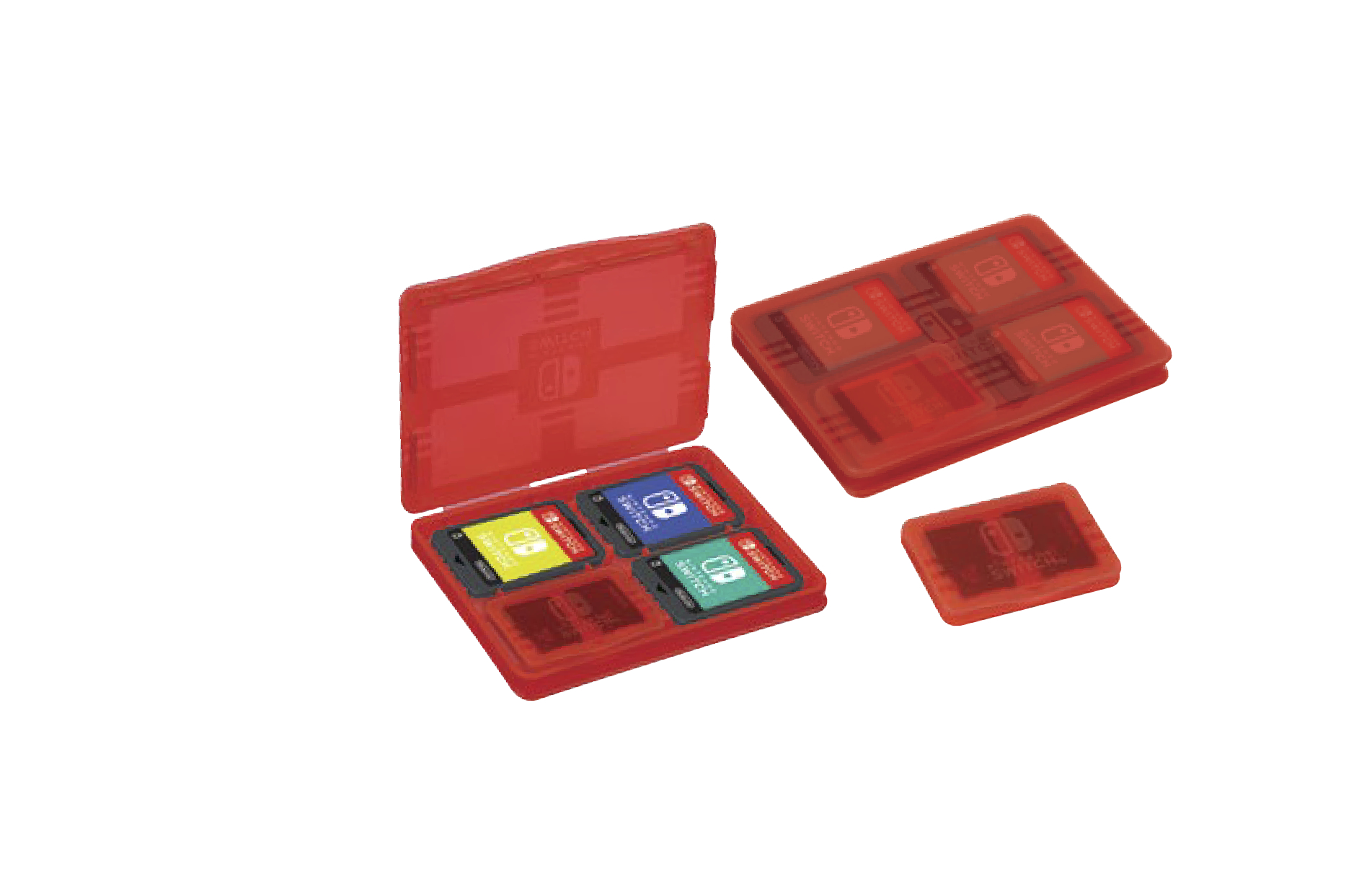 Rote Hüllen mit Switch-Spielkassetten. Eine ist geöffnet und zeigt farbige Spielkarten. Andere sind geschlossen, einige gestapelt.
