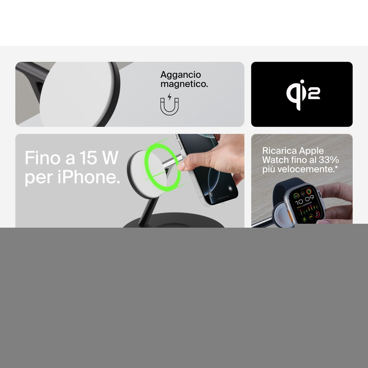 L'immagine mostra un telefono collegato magneticamente a un caricatore. Il testo indica ricarica a 15W, ricarica wireless e ricarica più veloce Apple Watch.