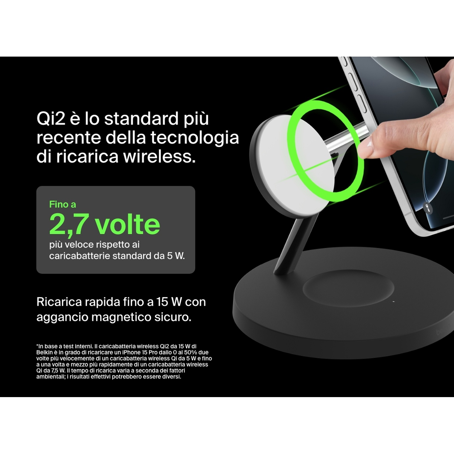 Un telefono si carica in modalità wireless su un supporto di ricarica nero. Il testo mostra la velocità di ricarica e le funzionalità.