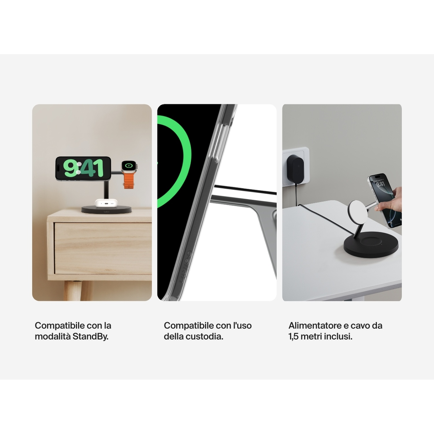 Tre immagini mostrano accessori tecnologici: una stazione di ricarica per telefono e orologio, un telefono in una custodia e una configurazione di ricarica.