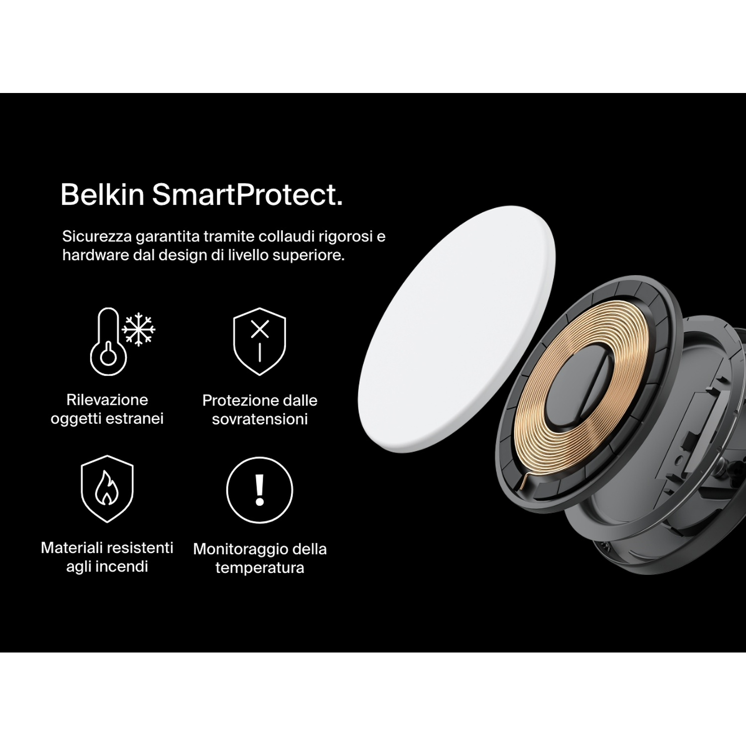 Caricabatterie wireless Belkin SmartProtect. Le caratteristiche includono il rilevamento di oggetti estranei, la protezione da sovratensione, materiali ignifughi e il monitoraggio della temperatura.