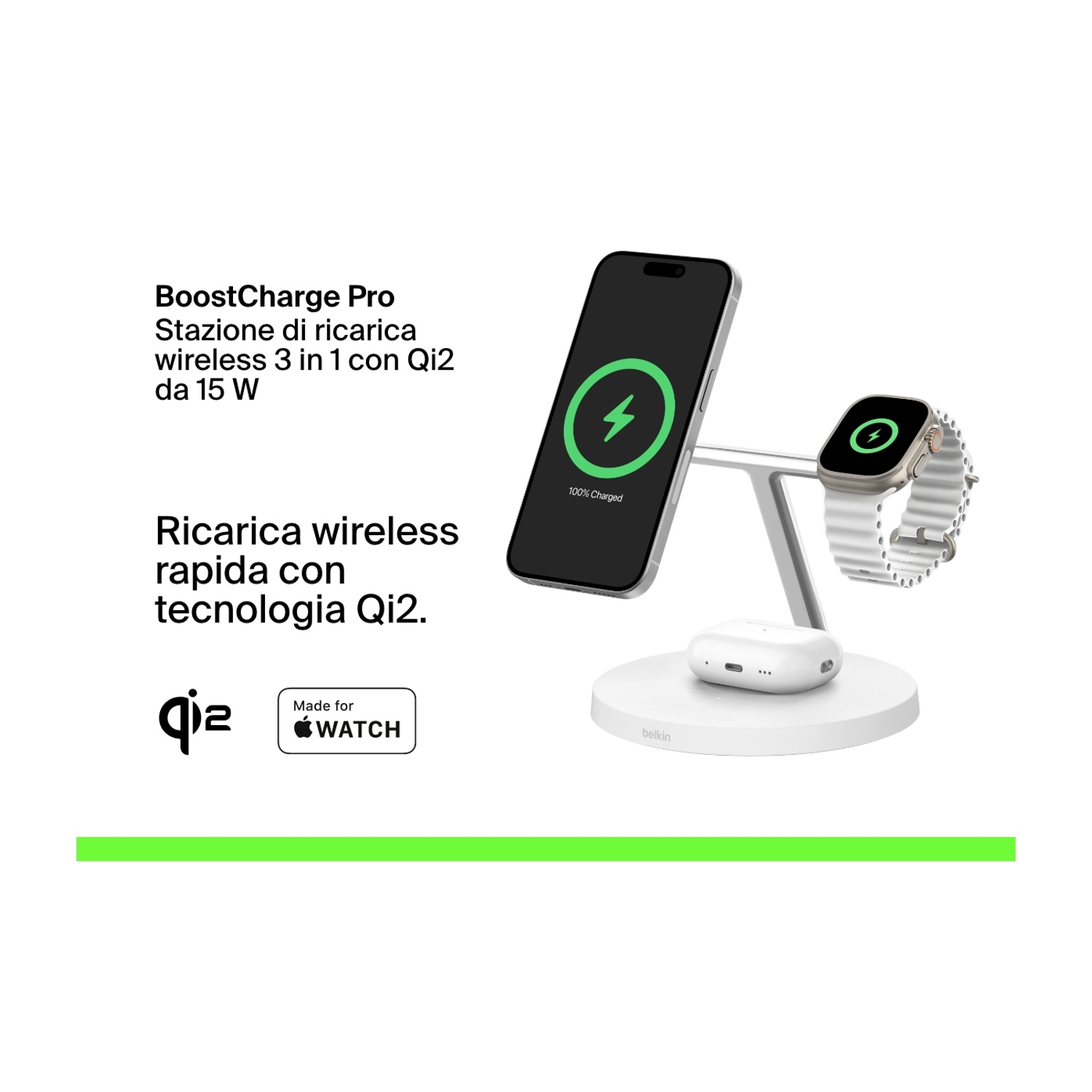 Un supporto di ricarica bianco con telefono, orologio e auricolari. Il telefono e l'orologio mostrano un simbolo di ricarica. Il testo recita 'BoostCharge Pro'.