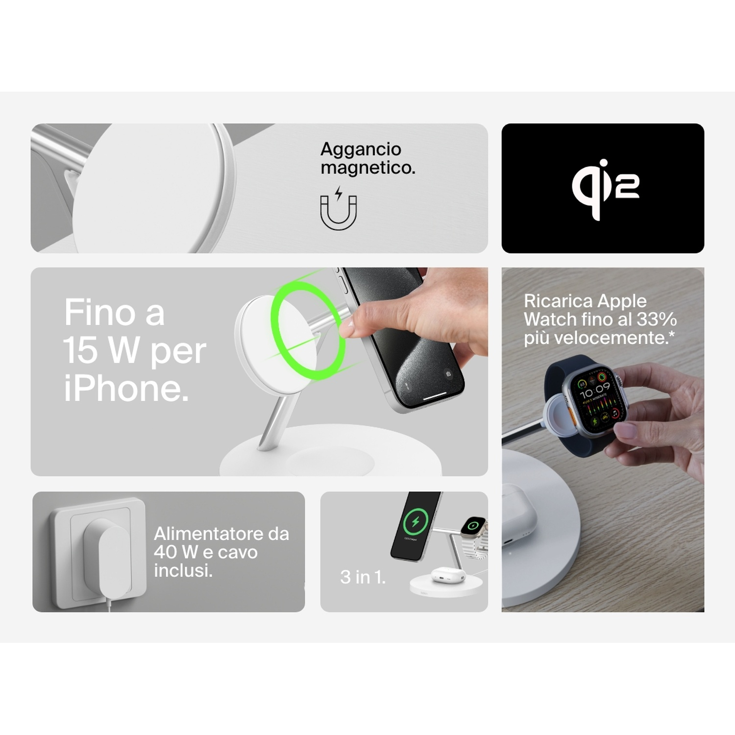 L'immagine mostra un caricatore wireless che carica un iPhone, Apple Watch e AirPods. Il testo indica ricarica rapida e adattatore incluso.