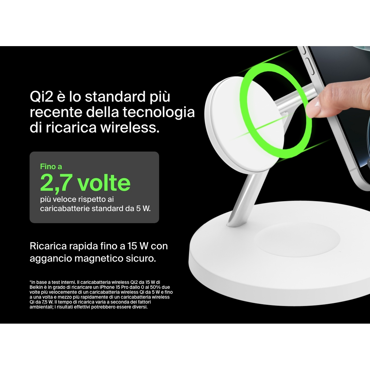 Un caricabatterie wireless bianco con telefono collegato. Una mano tocca il telefono. Testo: 'Qi2 è l'ultima tecnologia di ricarica wireless.'