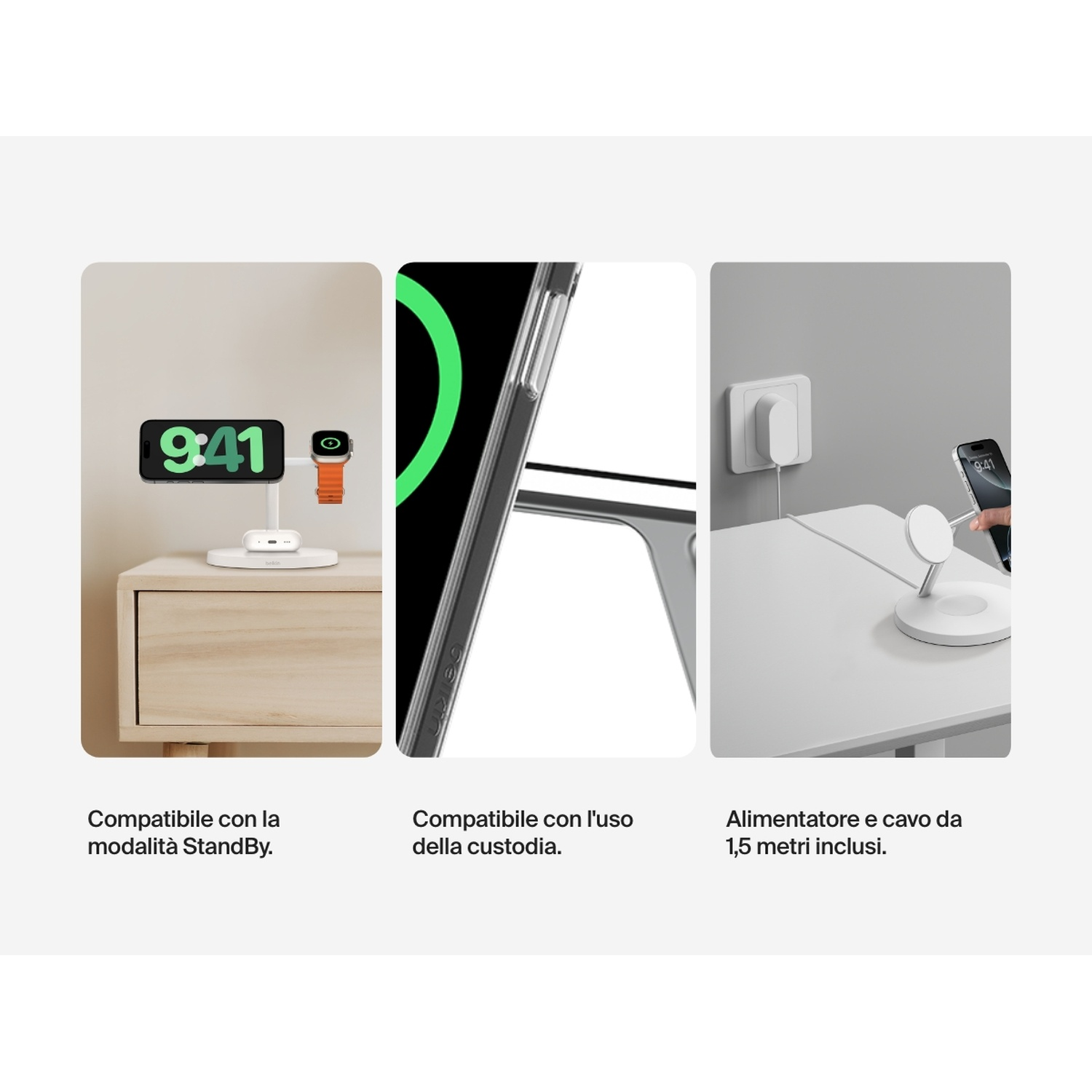 Tre immagini mostrano dispositivi. Primo, iPhone e orologio su un supporto. Secondo, telefono in custodia trasparente. Terzo, telefono in carica su tavolo bianco.