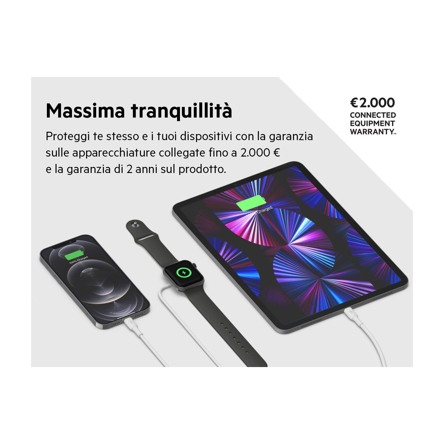 L'immagine mostra un iPhone, Apple Watch e iPad in carica. Il testo menziona la garanzia fino a 2.000 € e 2 anni di garanzia sul prodotto.