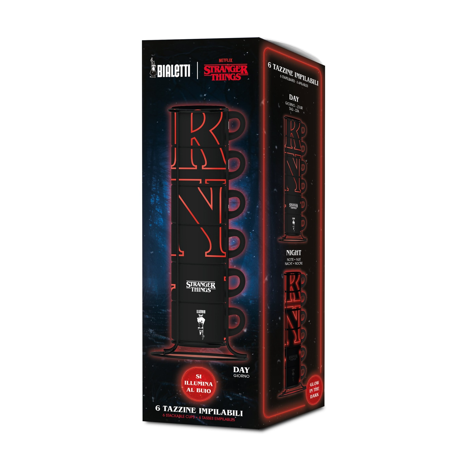 Set di scatole di tazze di Stranger Things. Scatola nera con contorni al neon rossi, logo Stranger Things e logo Bialetti. 