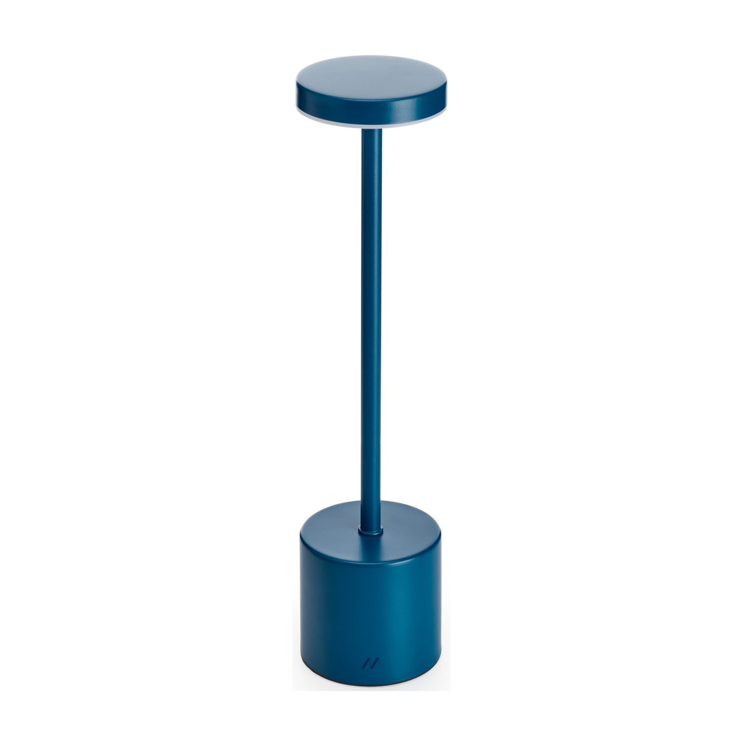 Una lampada blu con parte superiore e base rotonde, collegate da un'asta verticale. La lampada è su sfondo bianco.