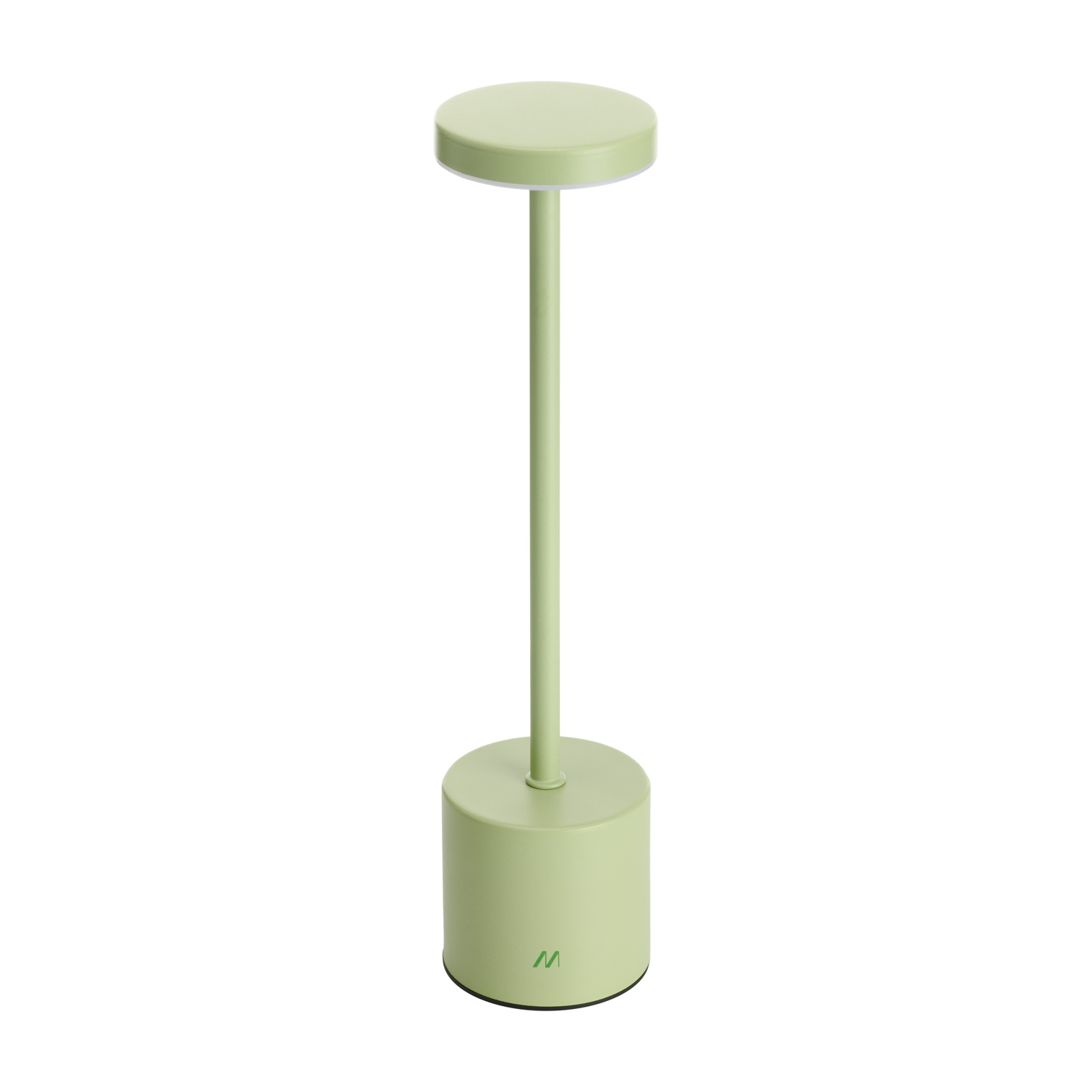 Una moderna lampada da tavolo verde chiaro. Ha una base rotonda, un lungo stelo e una parte superiore rotonda. Lo sfondo è bianco.