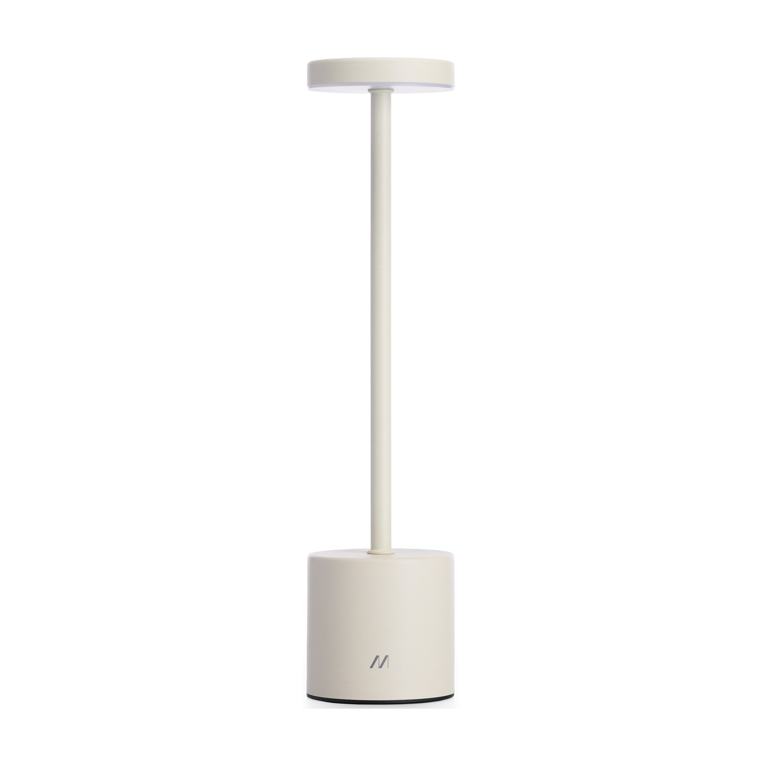 Una lampada da tavolo beige con parte superiore e base rotonde, collegate da un sottile stelo. La base ha un logo.
