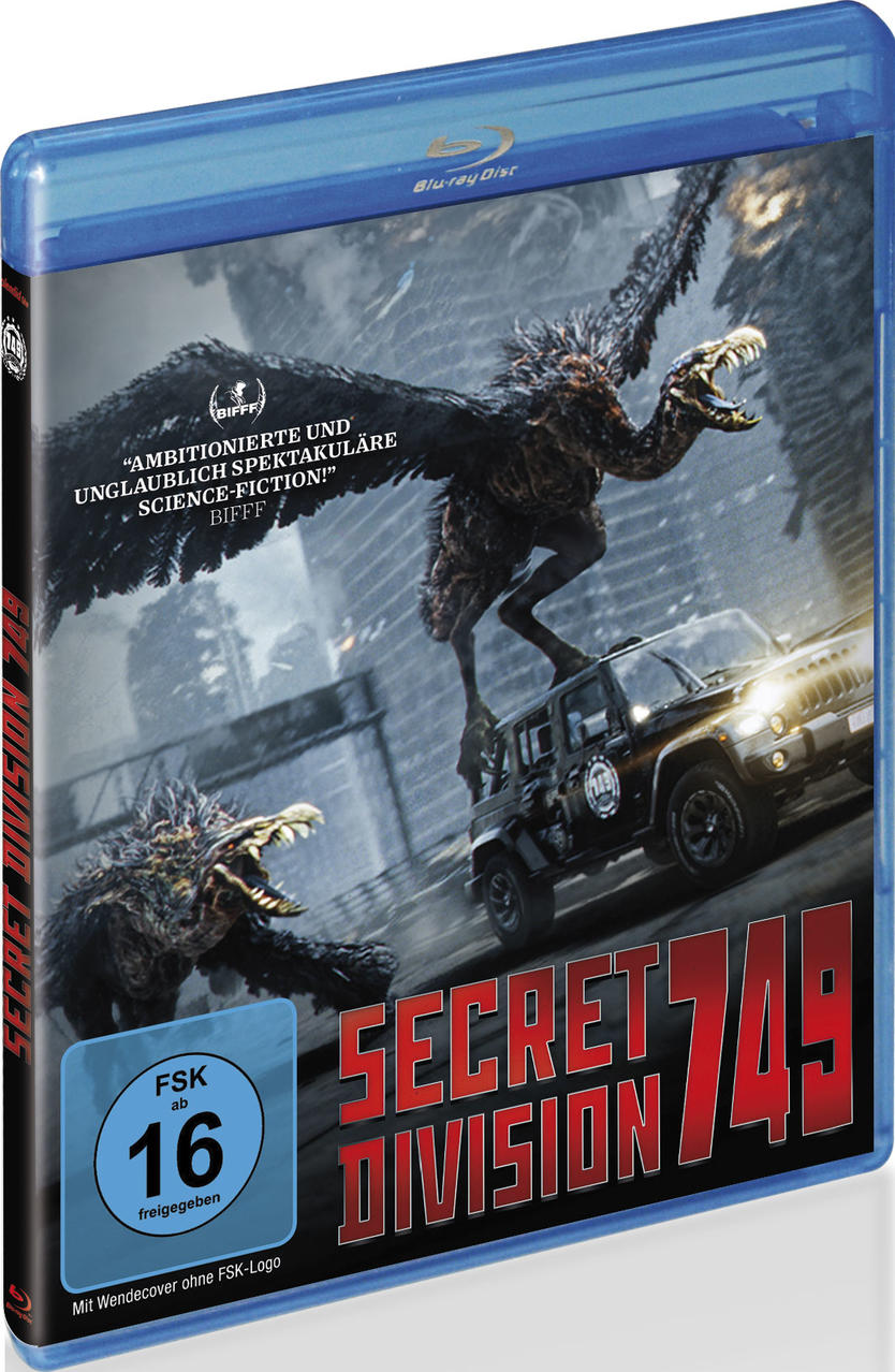 Blu-ray-Cover für Secret Division 749. Ein Wesen greift ein Fahrzeug an. Der Titel steht in großen roten Buchstaben. FSK 16 vorhanden.