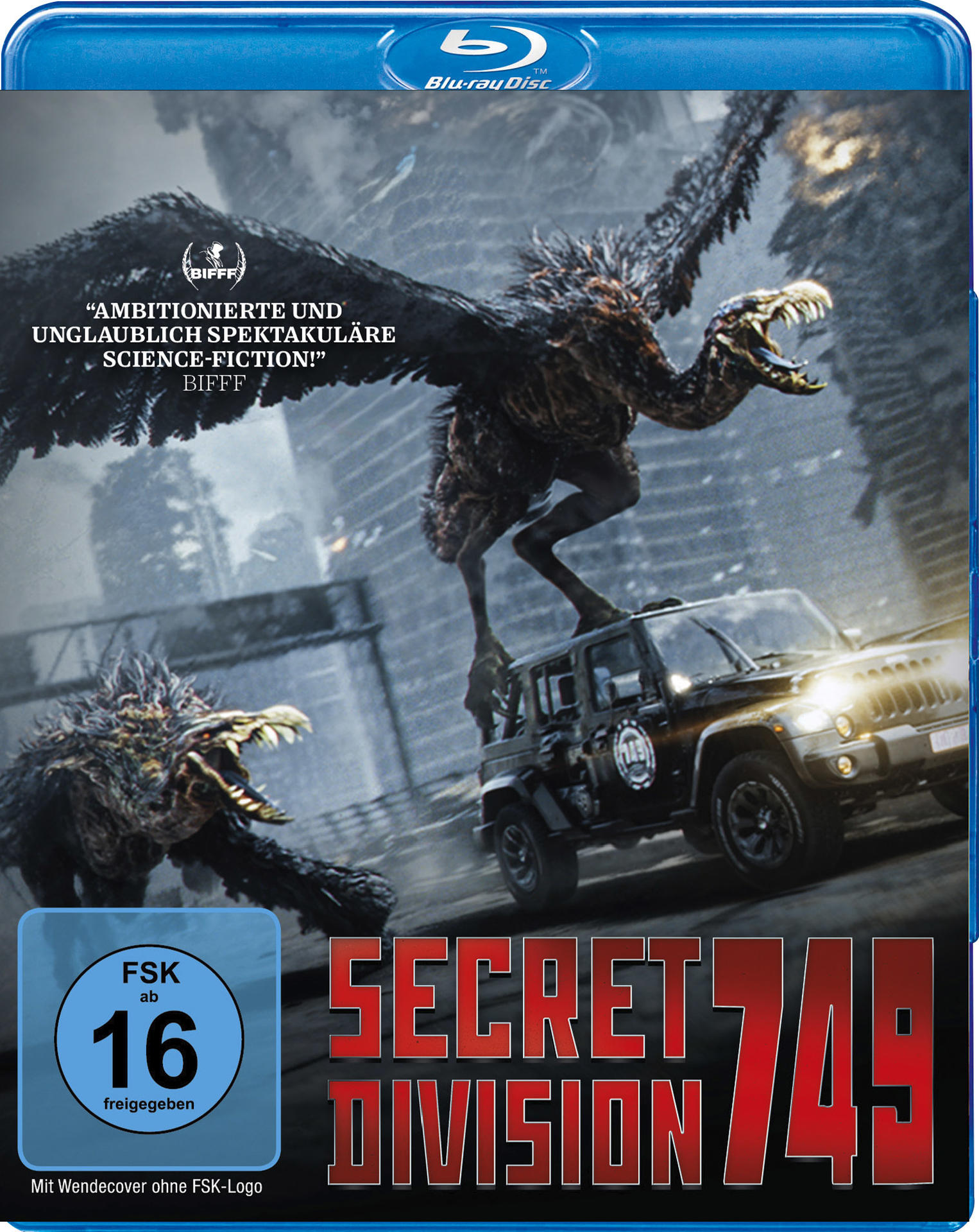 Blu-ray-Cover mit Monster über Jeep. Titel: Secret Division 749. Bewertung: FSK 16.
