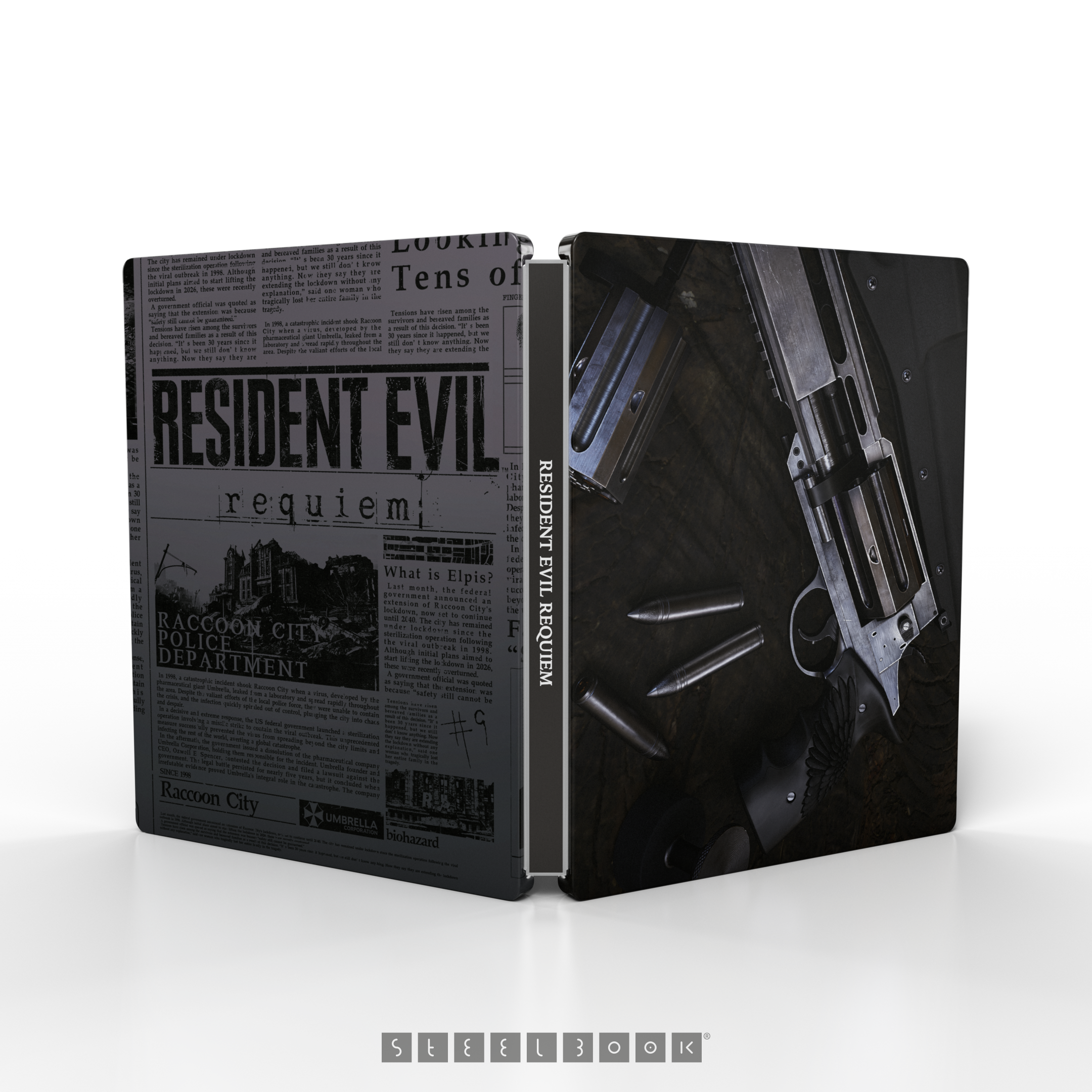 Estuche steelbook abierto. Muestra un revólver con balas y una portada estilo periódico.