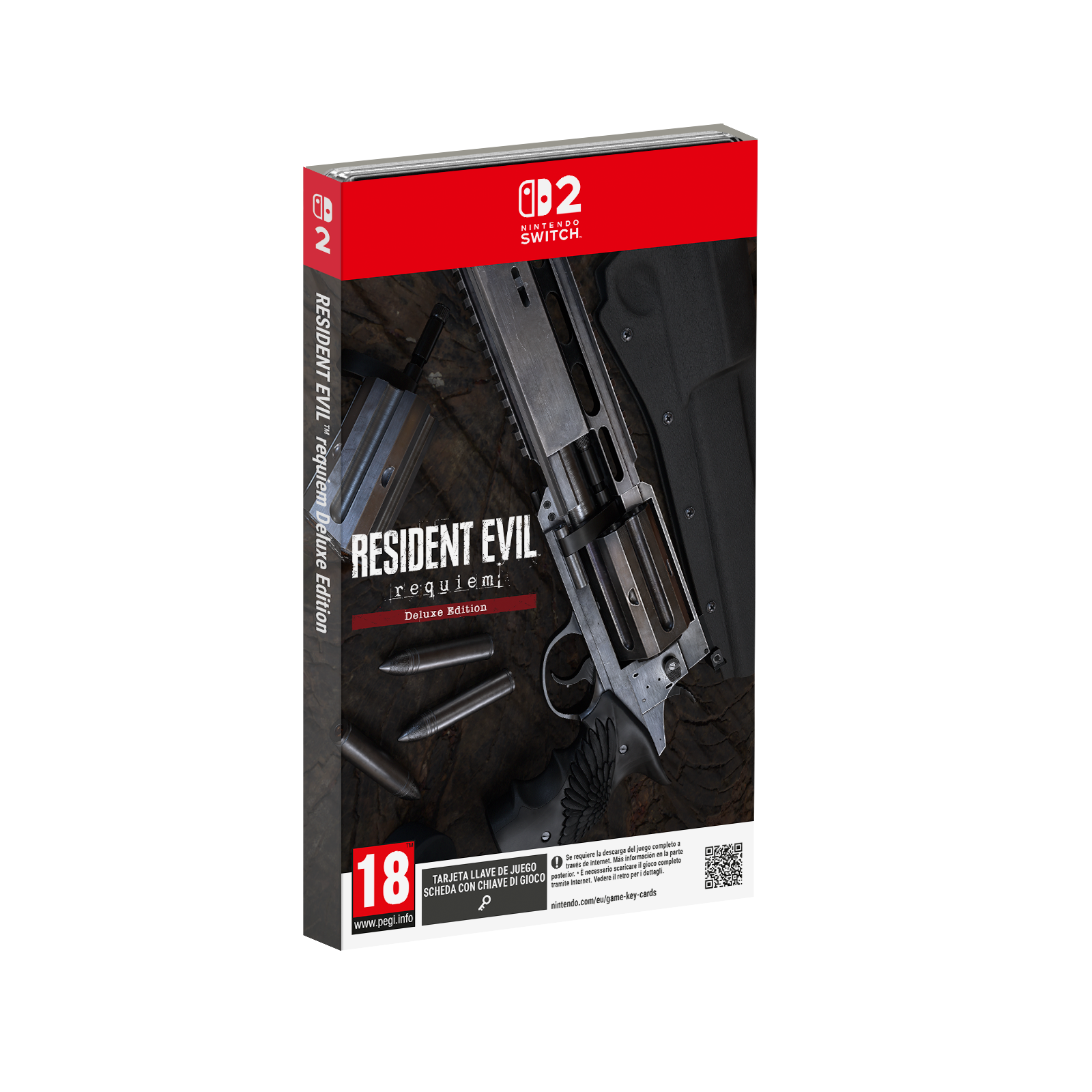 Caja del juego Resident Evil Requiem Deluxe Edition. Presenta una pistola, balas y el logotipo de Nintendo Switch.