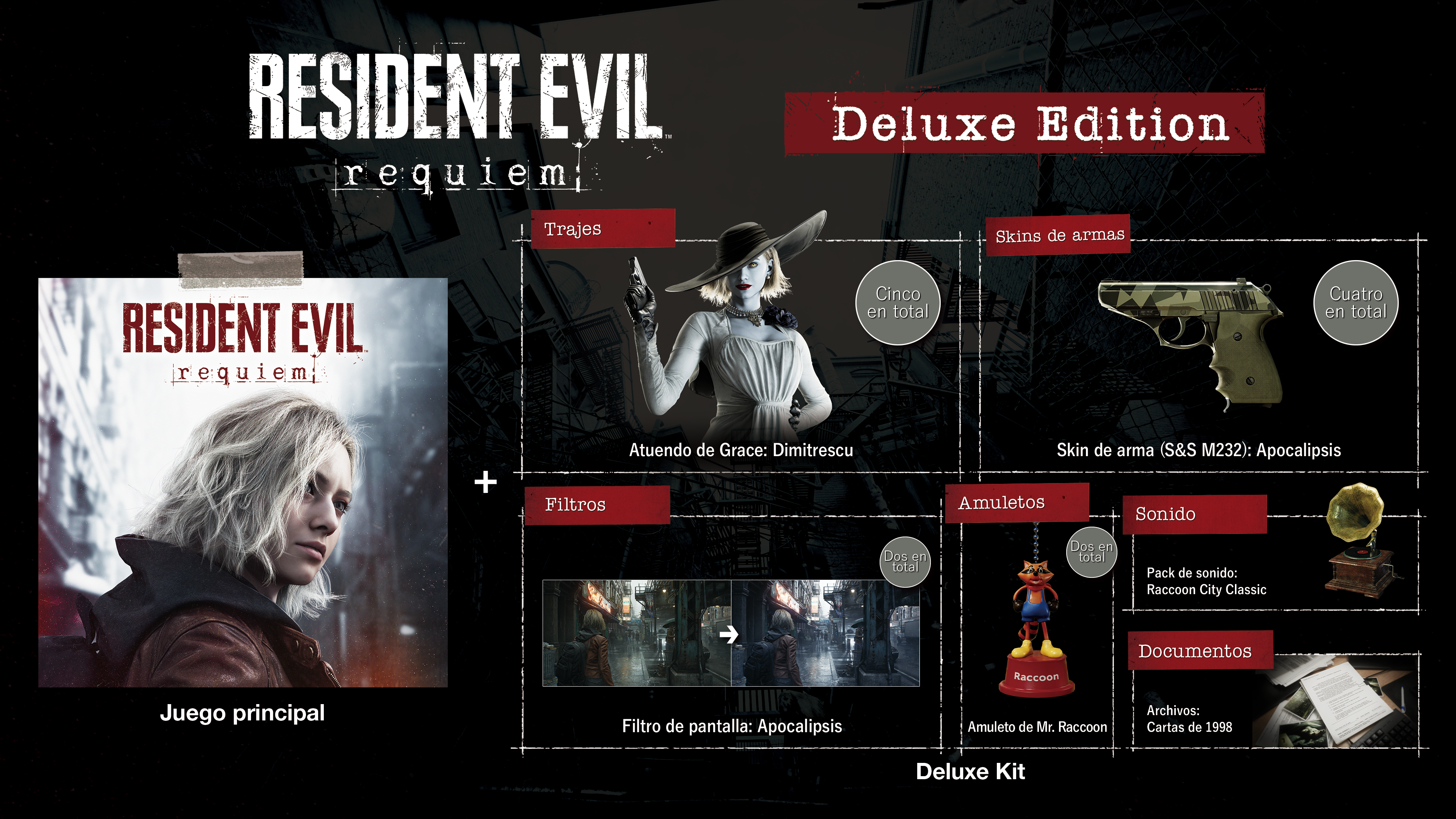 La edición Deluxe de Resident Evil Requiem incluye el juego principal, aspectos, atuendos, filtros, amuletos, sonido y documentos.