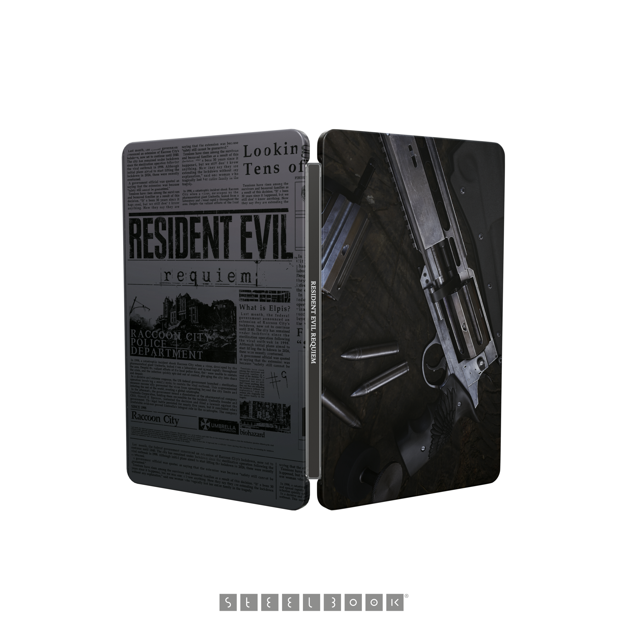 Portada de Steelbook con Resident Evil Requiem, un revólver, balas y un recorte de periódico.