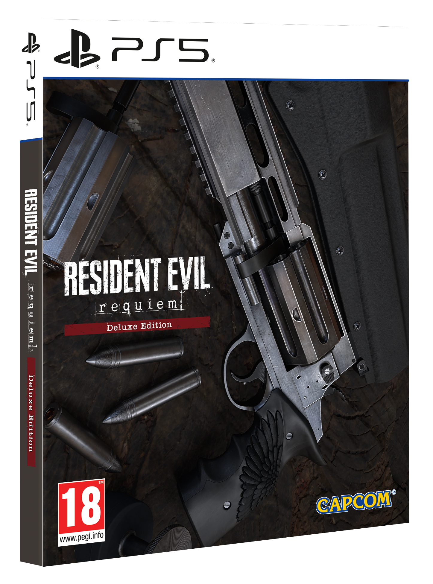 Portada del juego. Un revólver grande, balas y las palabras Resident Evil Requiem Deluxe Edition son visibles.