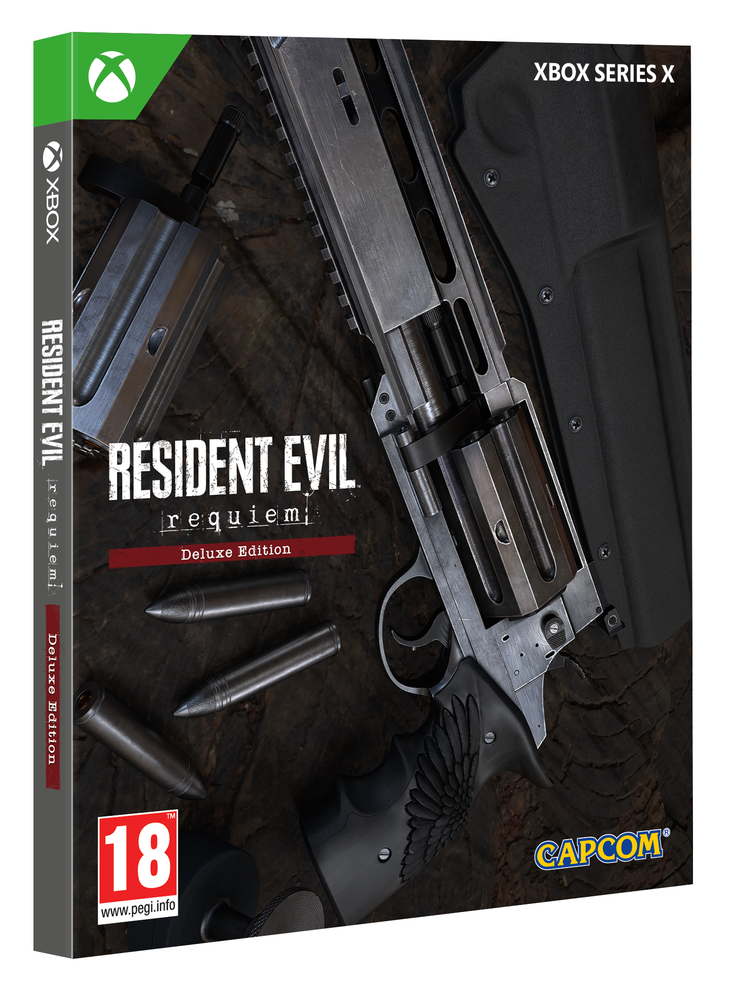 Portada del juego Resident Evil Requiem Deluxe Edition para Xbox. Presenta un revólver, balas y el logotipo del juego.