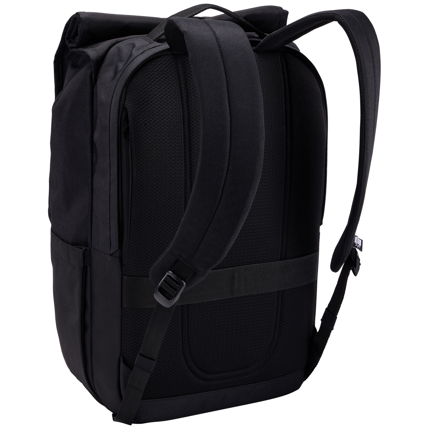 Black backpack with padded back and straps. Features a roll-top closure and multiple pockets. Set against a white background.