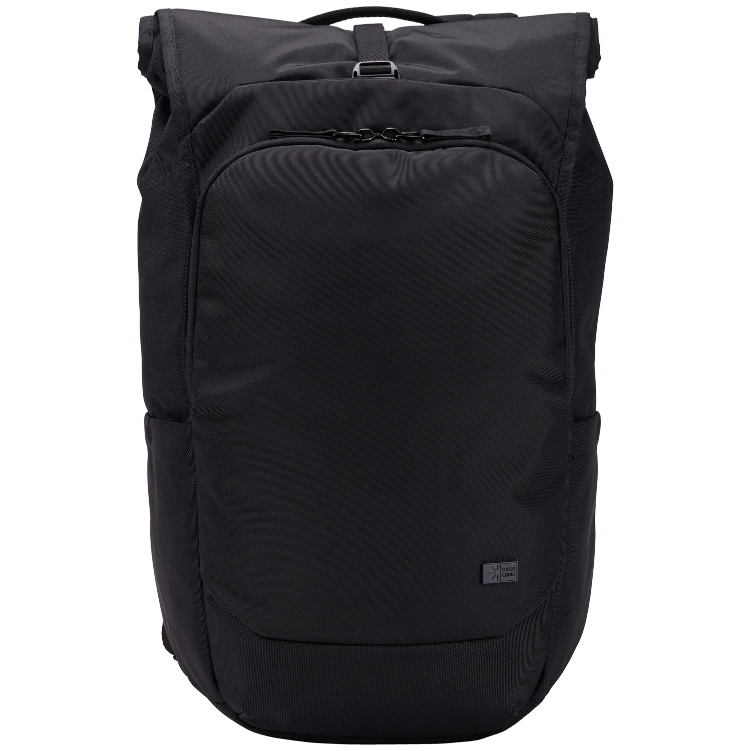 A black backpack with a roll-top design. It has a front pocket, a handle, and a Case Logic logo. The backpack is against a white background.
