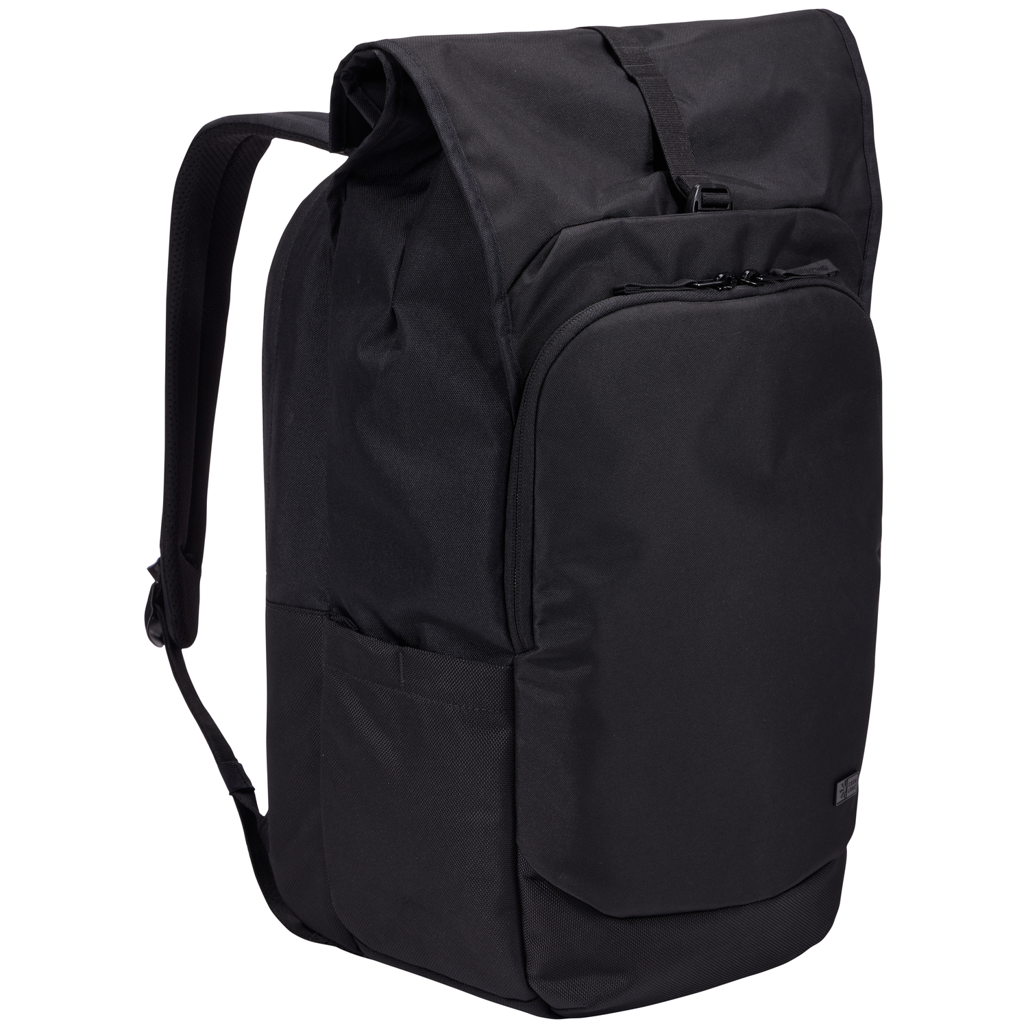 A black backpack with a flap closure, front pocket with zipper, and adjustable straps. It is set against a white background.