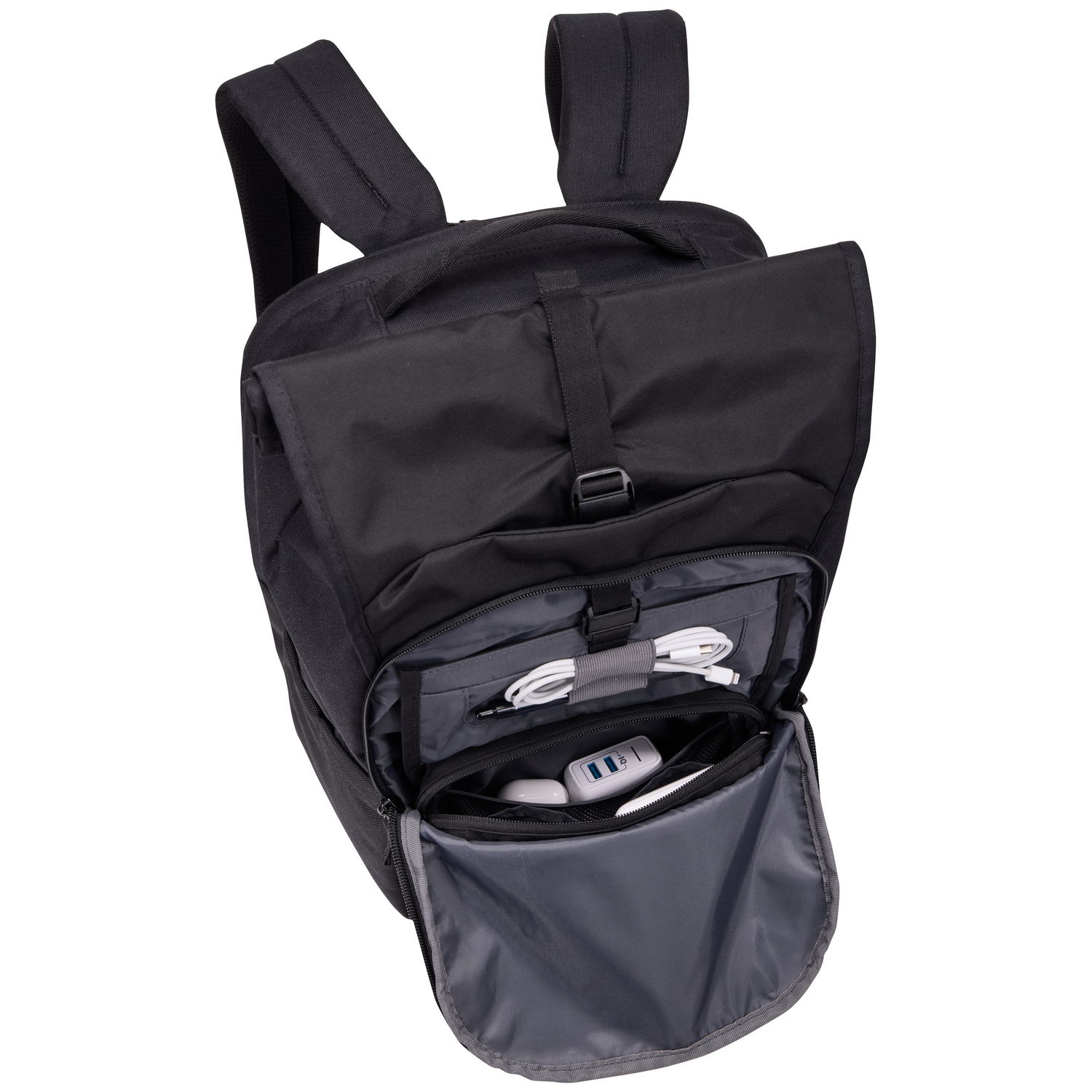 Black backpack with open compartments. Visible are a charger, cables, and white earbuds. The background is white.