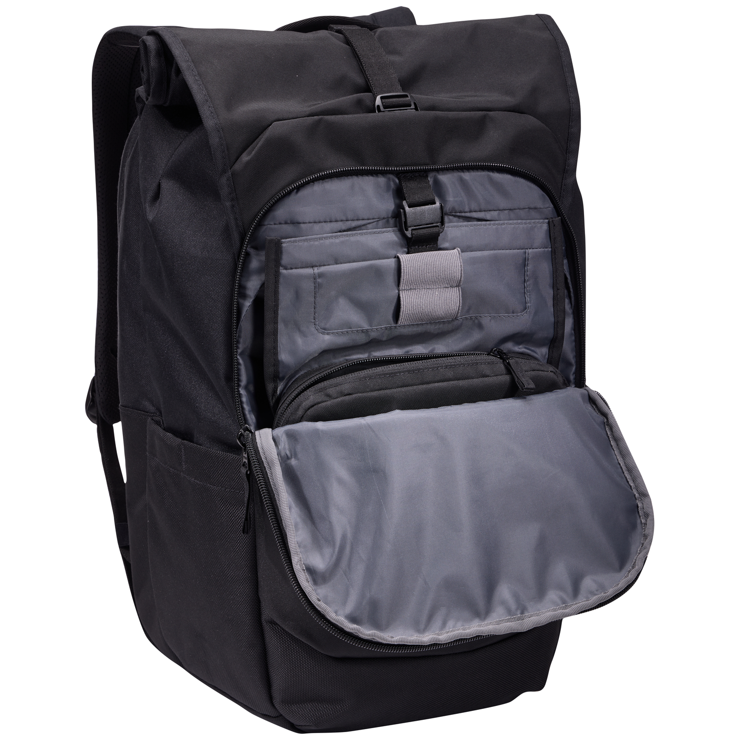 Black backpack with an open compartment, revealing gray interior. It has multiple pockets and straps. The background is white.
