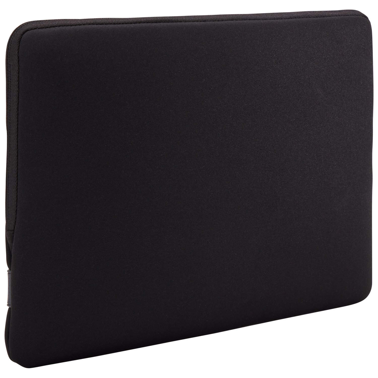 A black laptop sleeve. It is rectangular with rounded corners and a smooth, matte texture. A small tag is visible on the side.